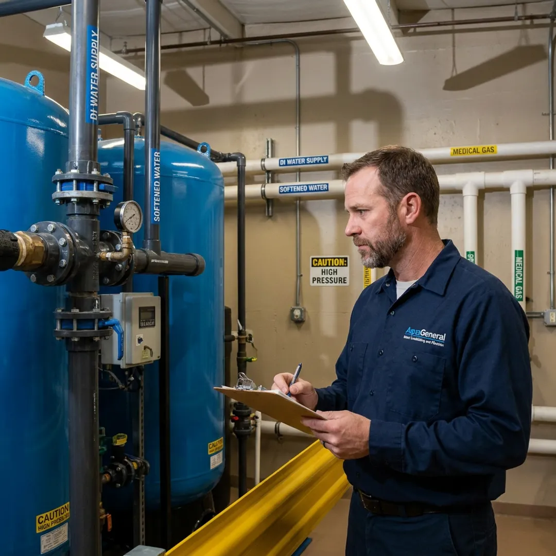 Technician designing a healthcare deionized water system
