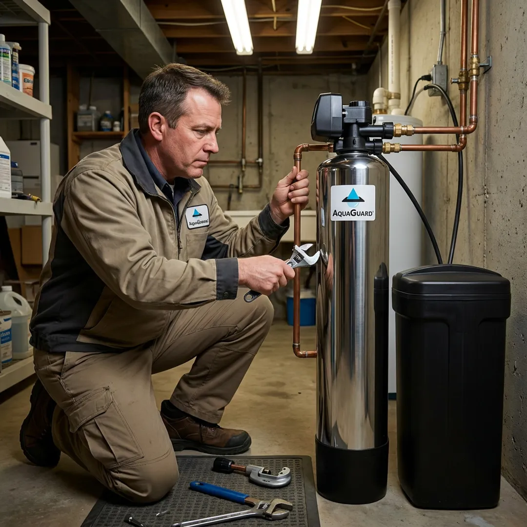 Technician servicing a home water softener system