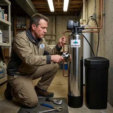 Technician servicing a home water softener system