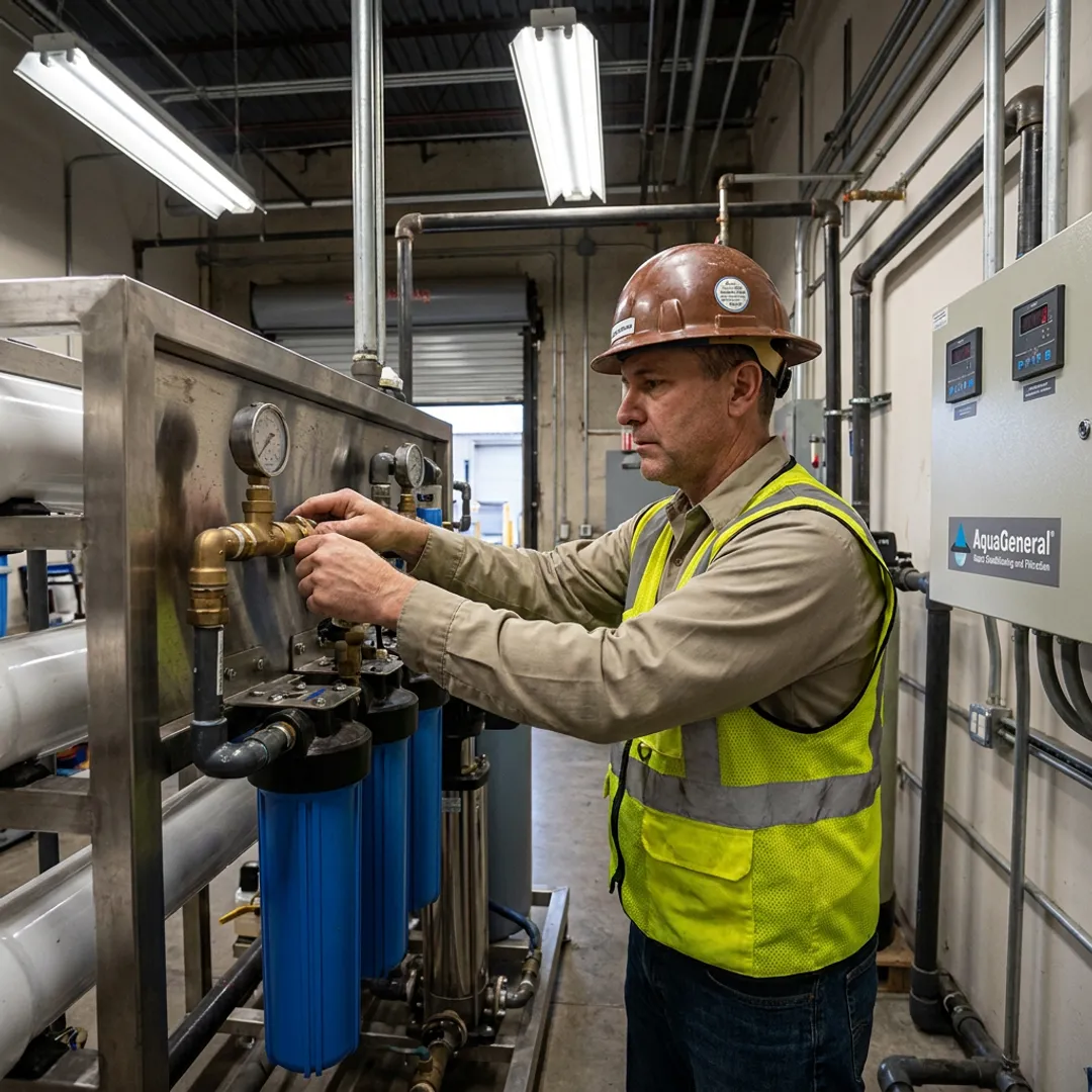 Technician testing water treatment equipment in an industrial facility