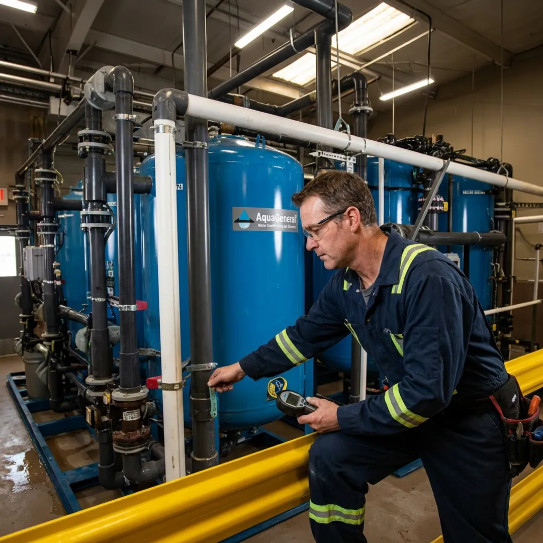 Technician inspecting commercial water treatment equipment