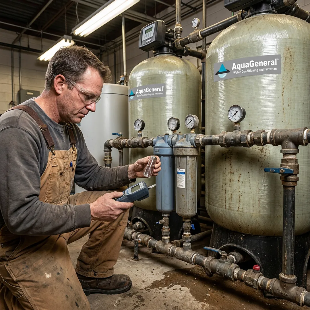 Technician testing industrial boiler feedwater