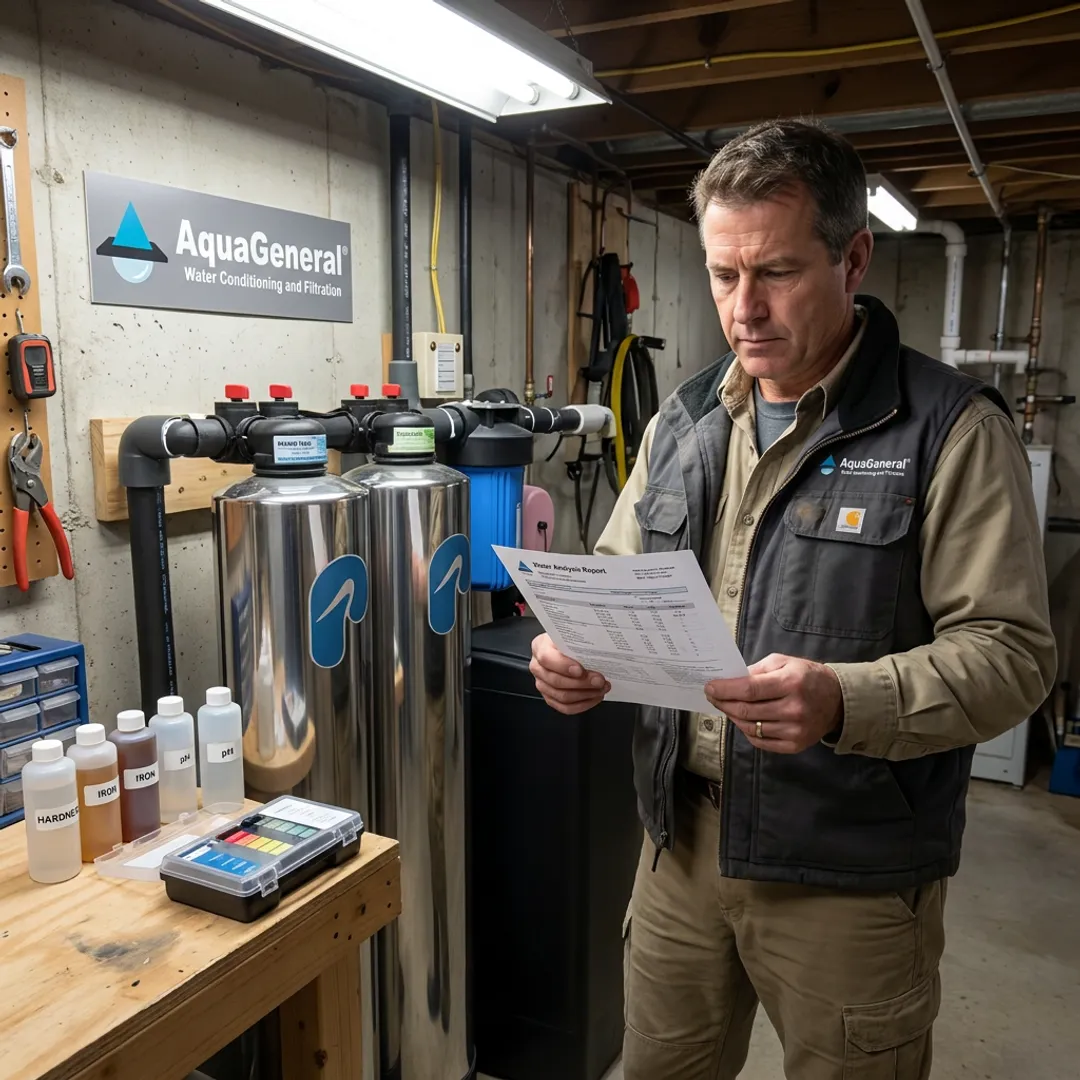 Certified specialist reviewing water treatment test results