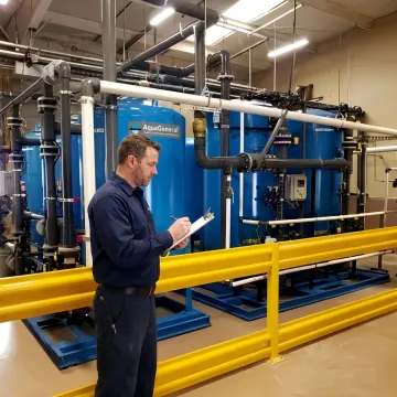 Industrial water treatment consultant inspecting filtration system