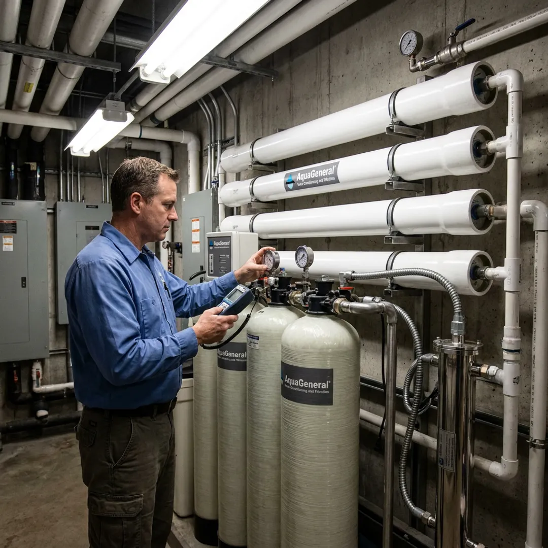 Technician testing hospital water treatment equipment