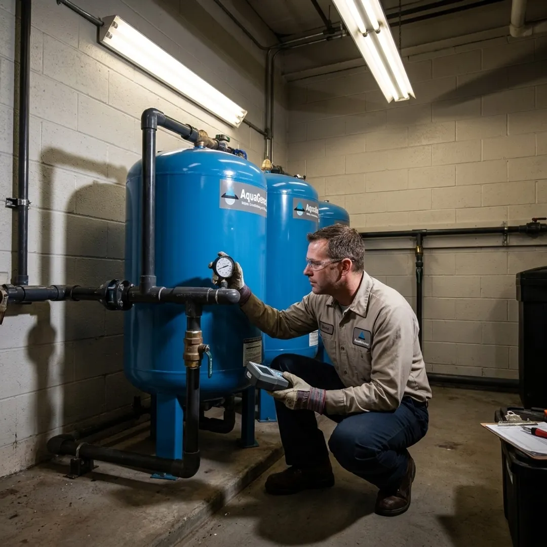 Technician testing water filtration equipment in a school facility
