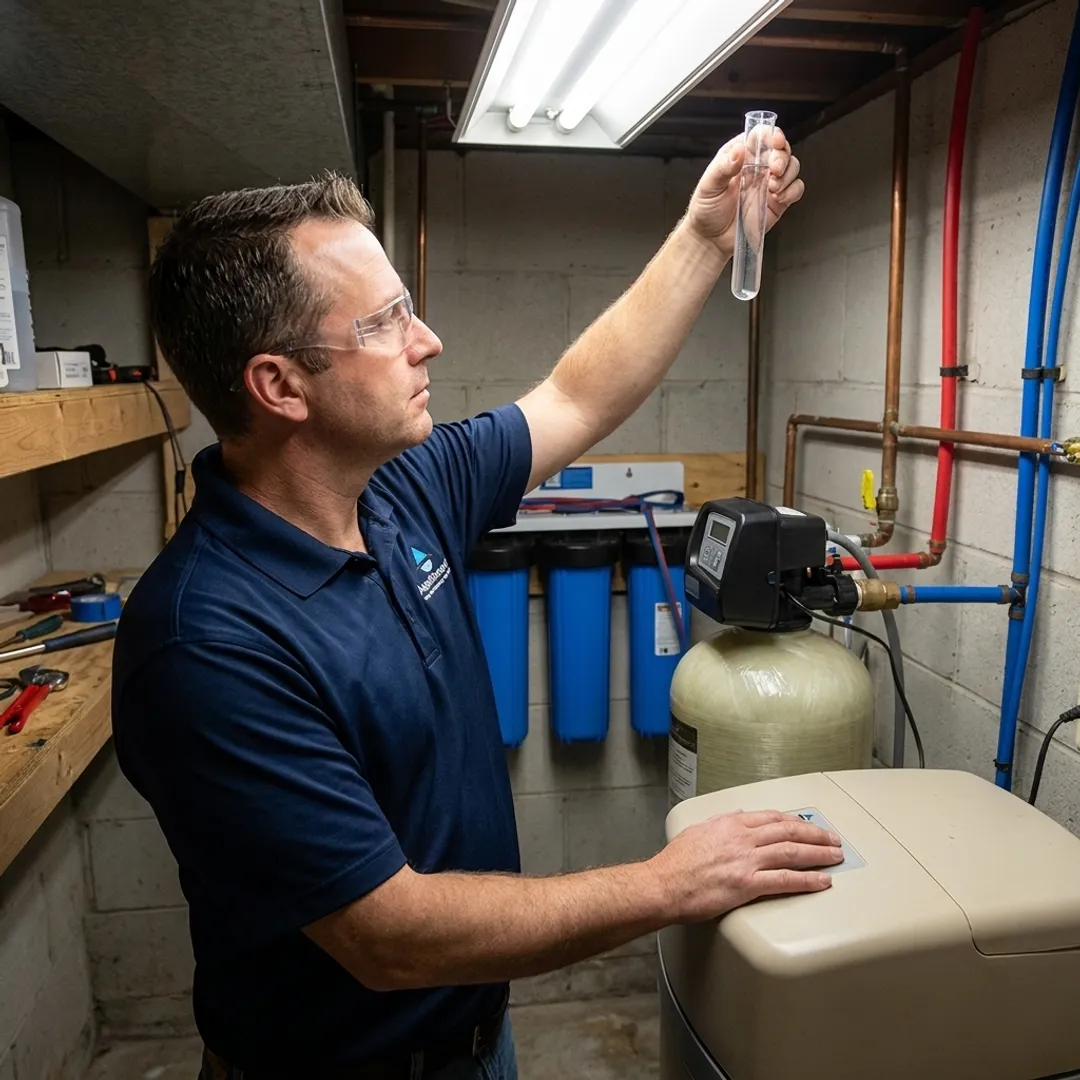 Technician testing a home water filtration system