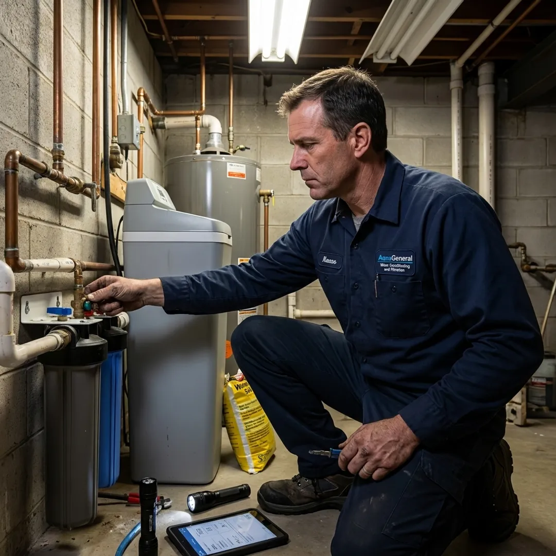 Technician inspecting a residential water treatment system