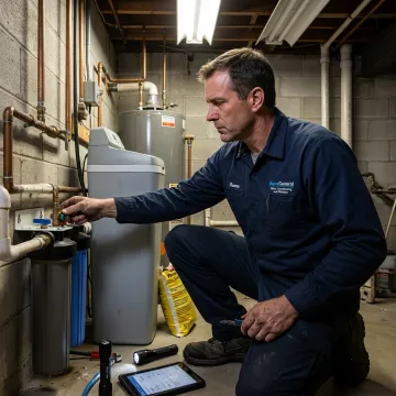 Technician inspecting a residential water treatment system