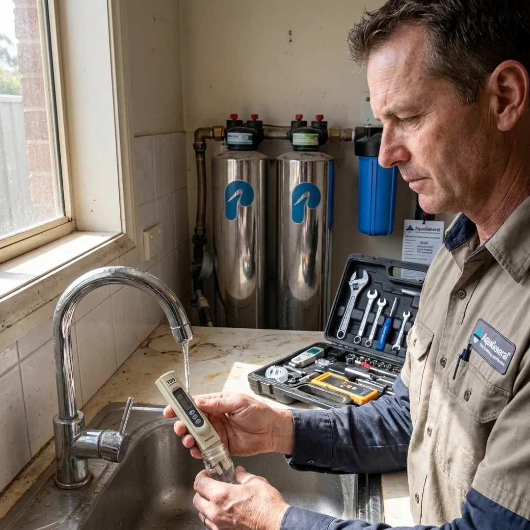 Technician testing water before treatment system installation
