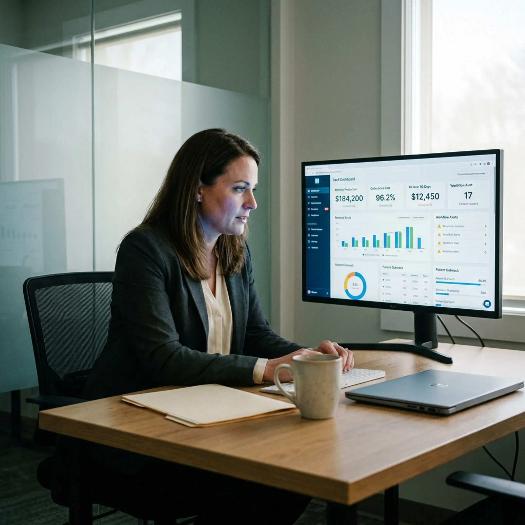 Dental operations leader viewing connected practice intelligence dashboard