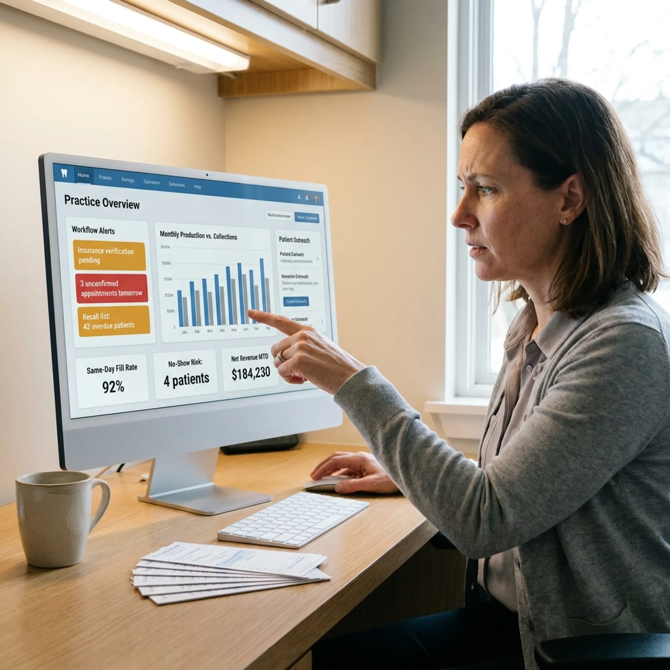 Dental operations dashboard showing connected practice insights