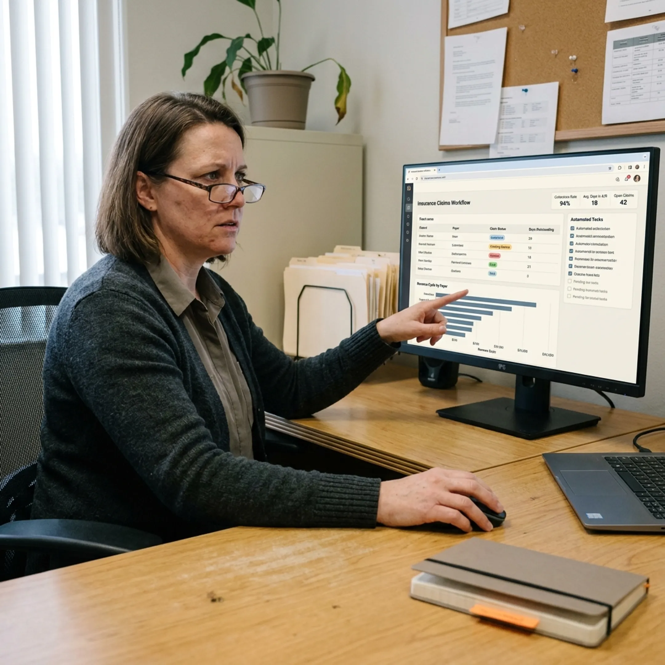 Dental operations manager using connected software to review claims workflows