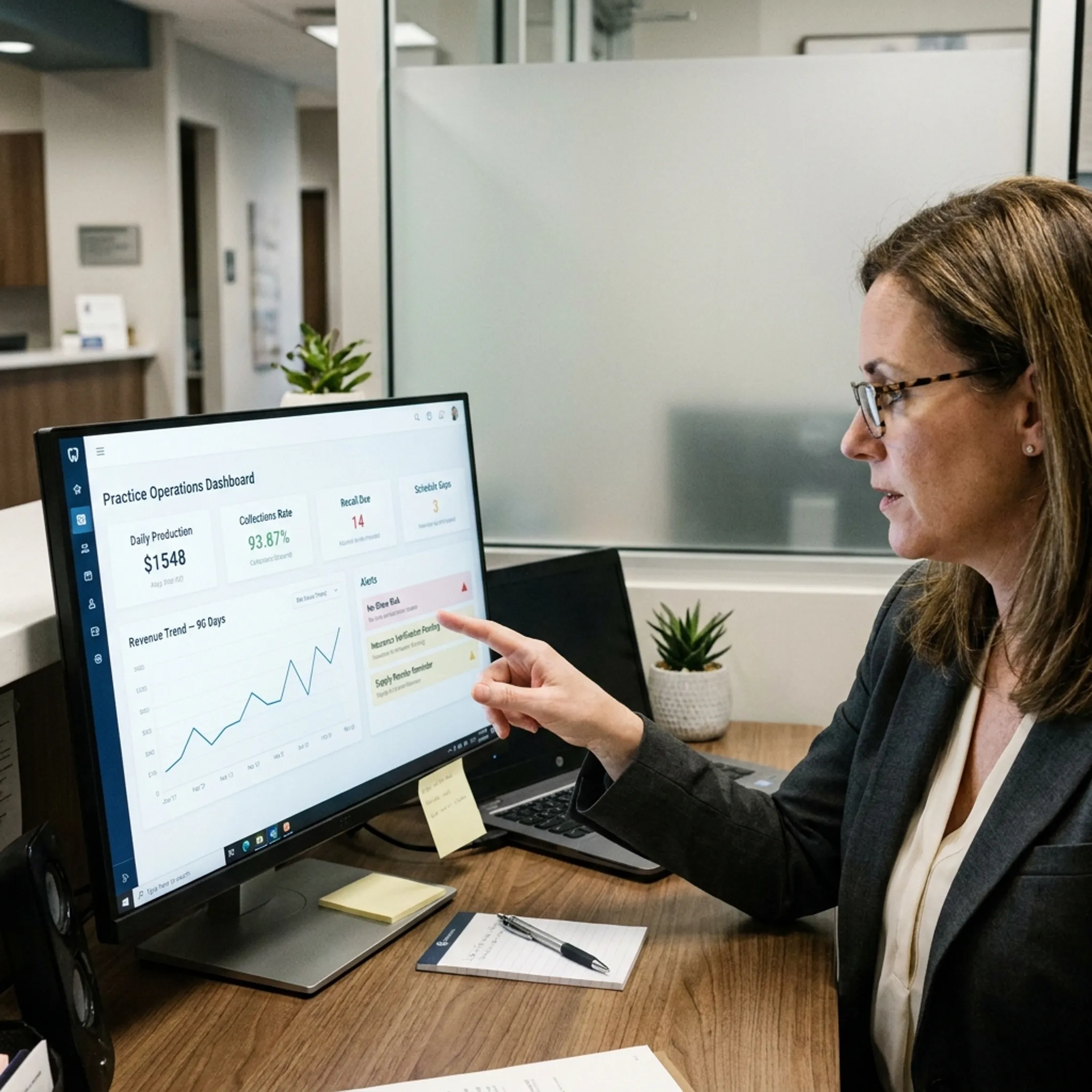 Dental operations manager viewing unified practice intelligence dashboard