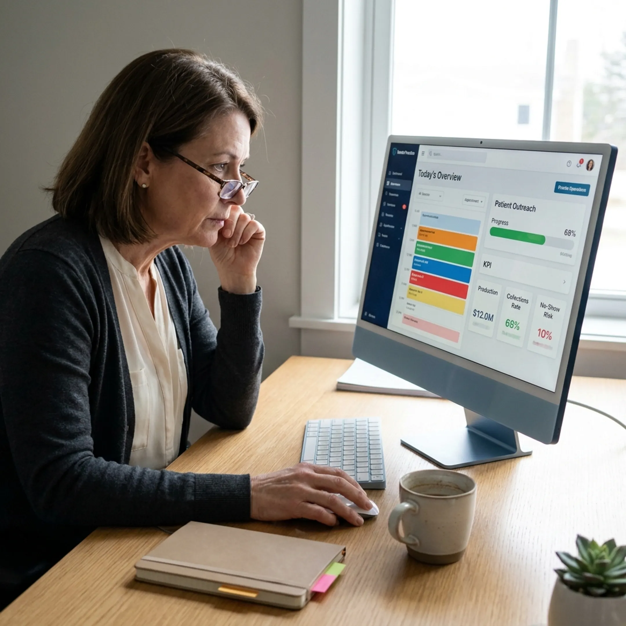 Dental operations manager reviewing connected scheduling and patient data