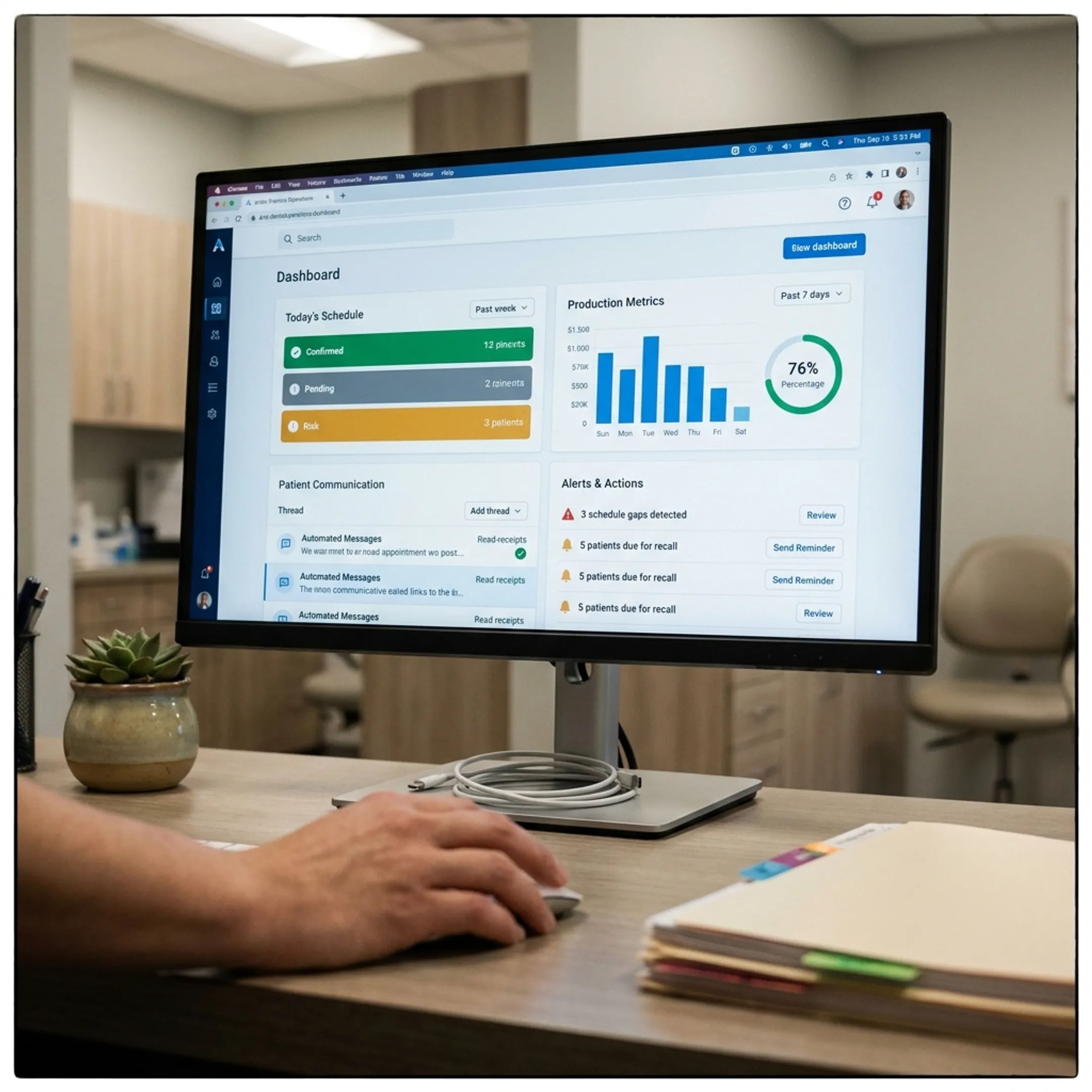 Dental operations dashboard showing scheduling, patient outreach, and practice performance insights