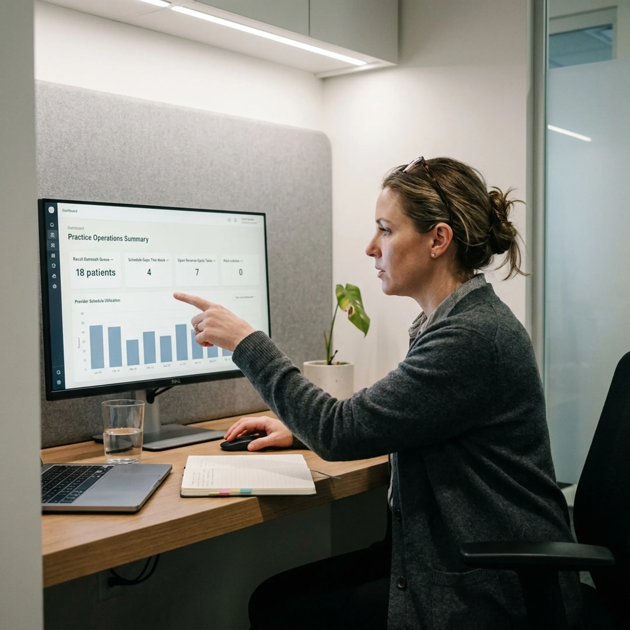Dental operations manager viewing connected practice data and patient communication tasks