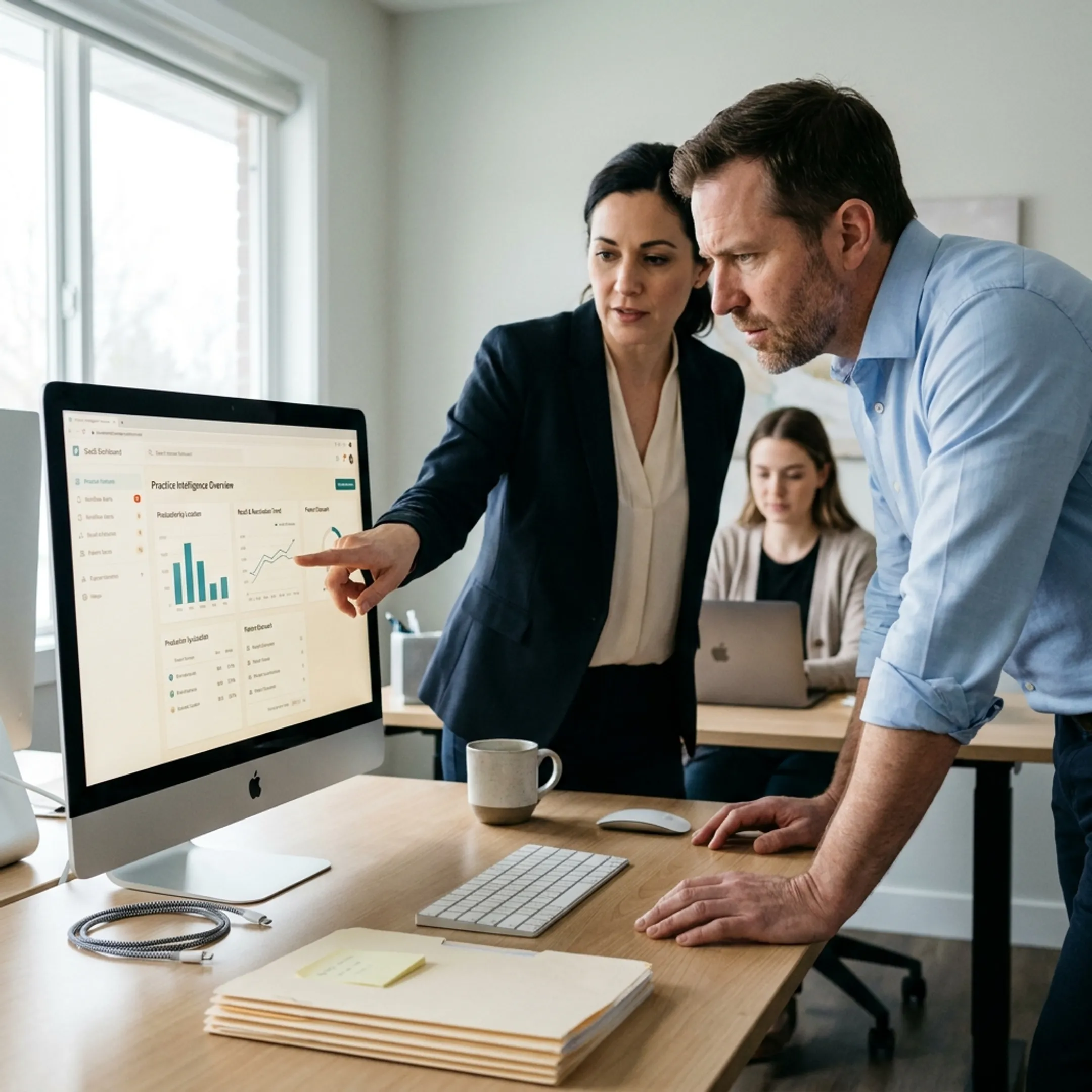 Dental operations team reviewing connected software insights on a Mac