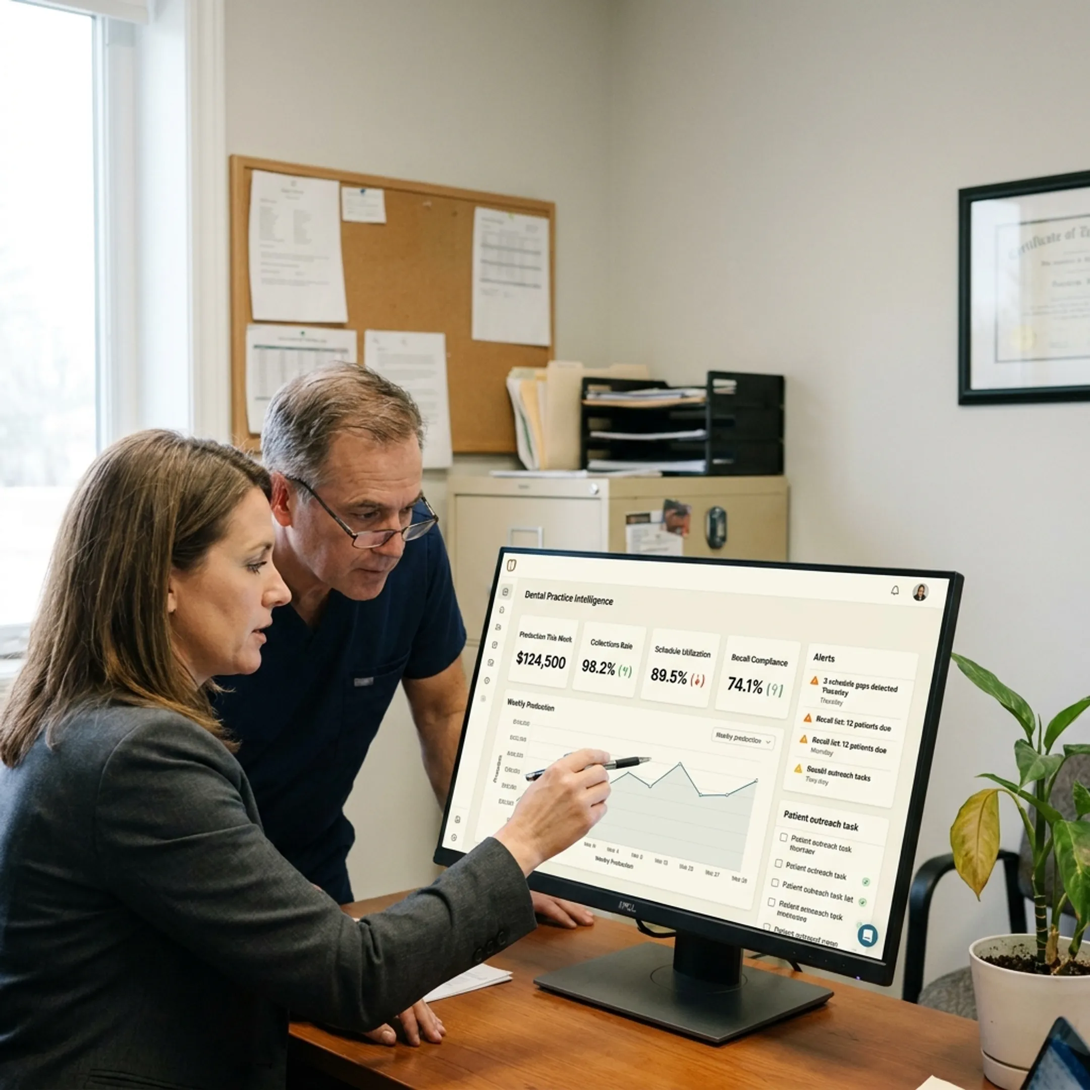 Dental operations dashboard showing connected practice insights and workflow priorities