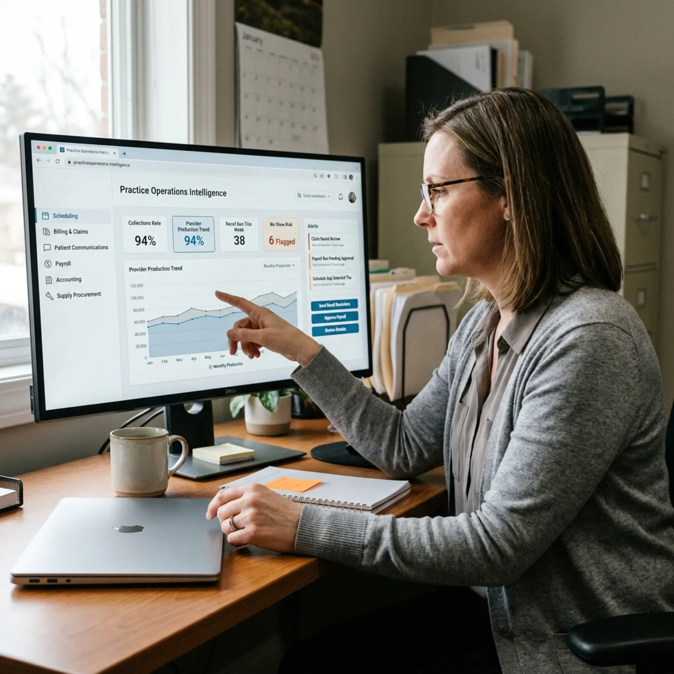 Dental operations manager exploring connected AI software dashboard