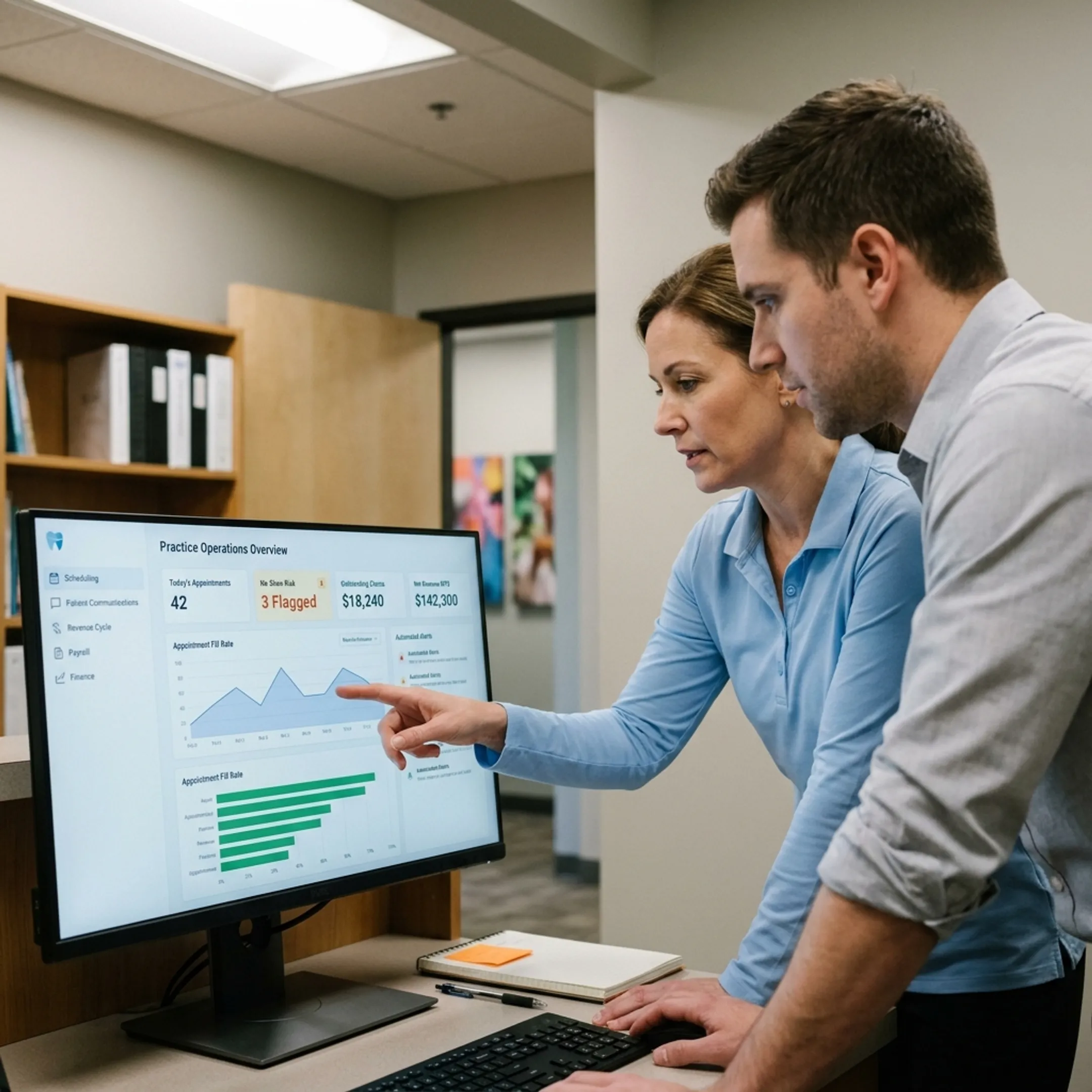 Pediatric dental practice team reviewing unified operational data