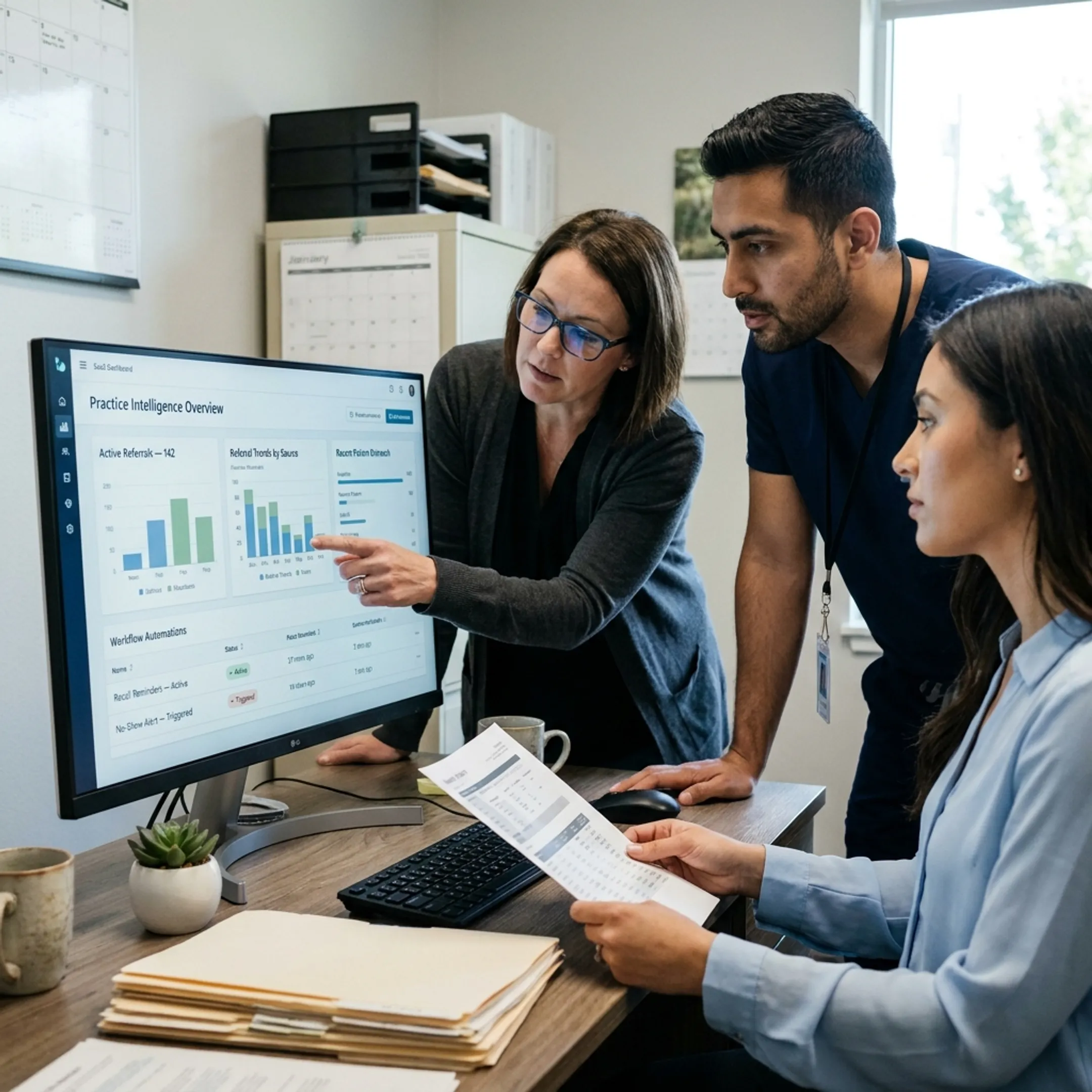 Specialty dental staff using connected software to review referrals and coordinate patient outreach
