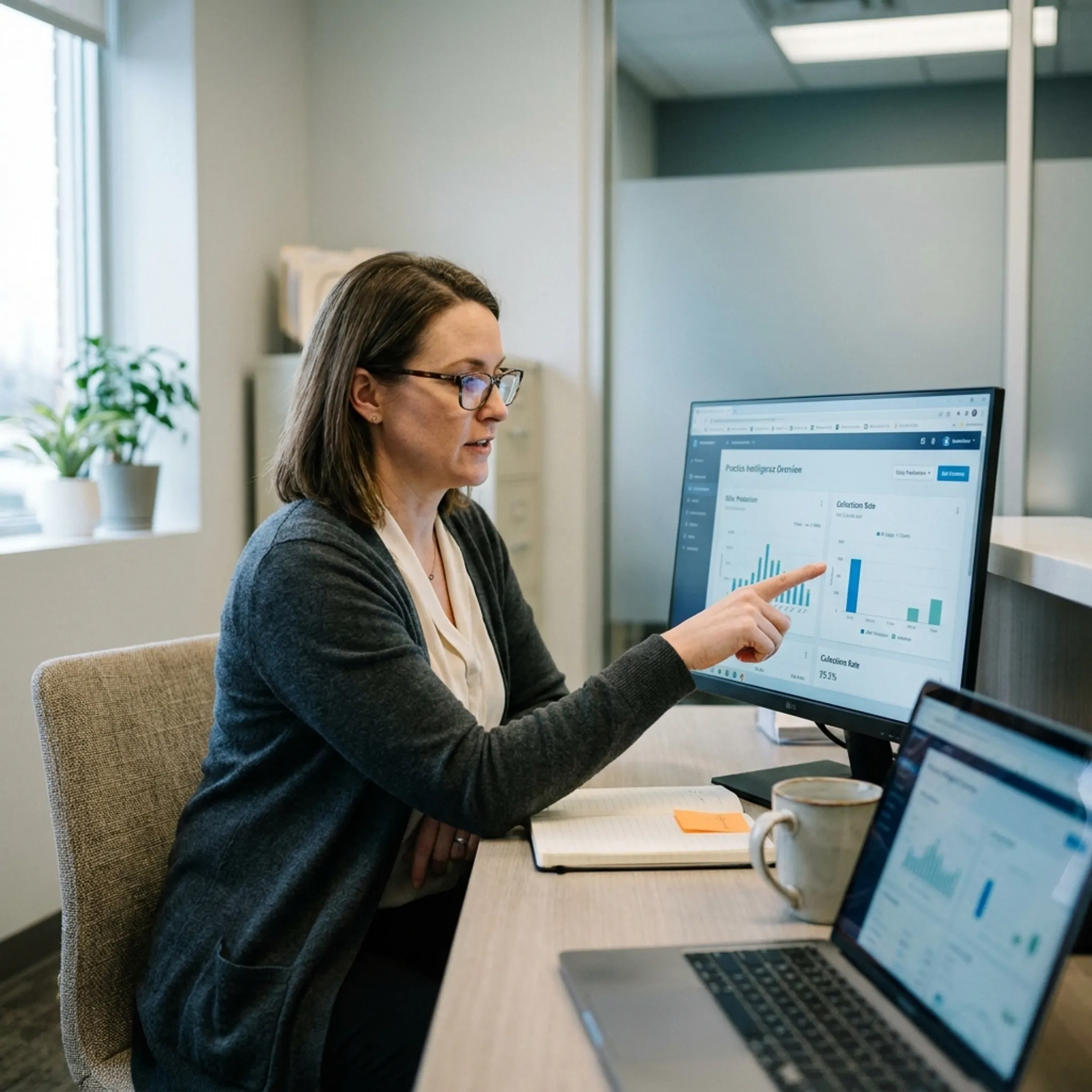 Dental operations manager using connected AI software to review practice performance