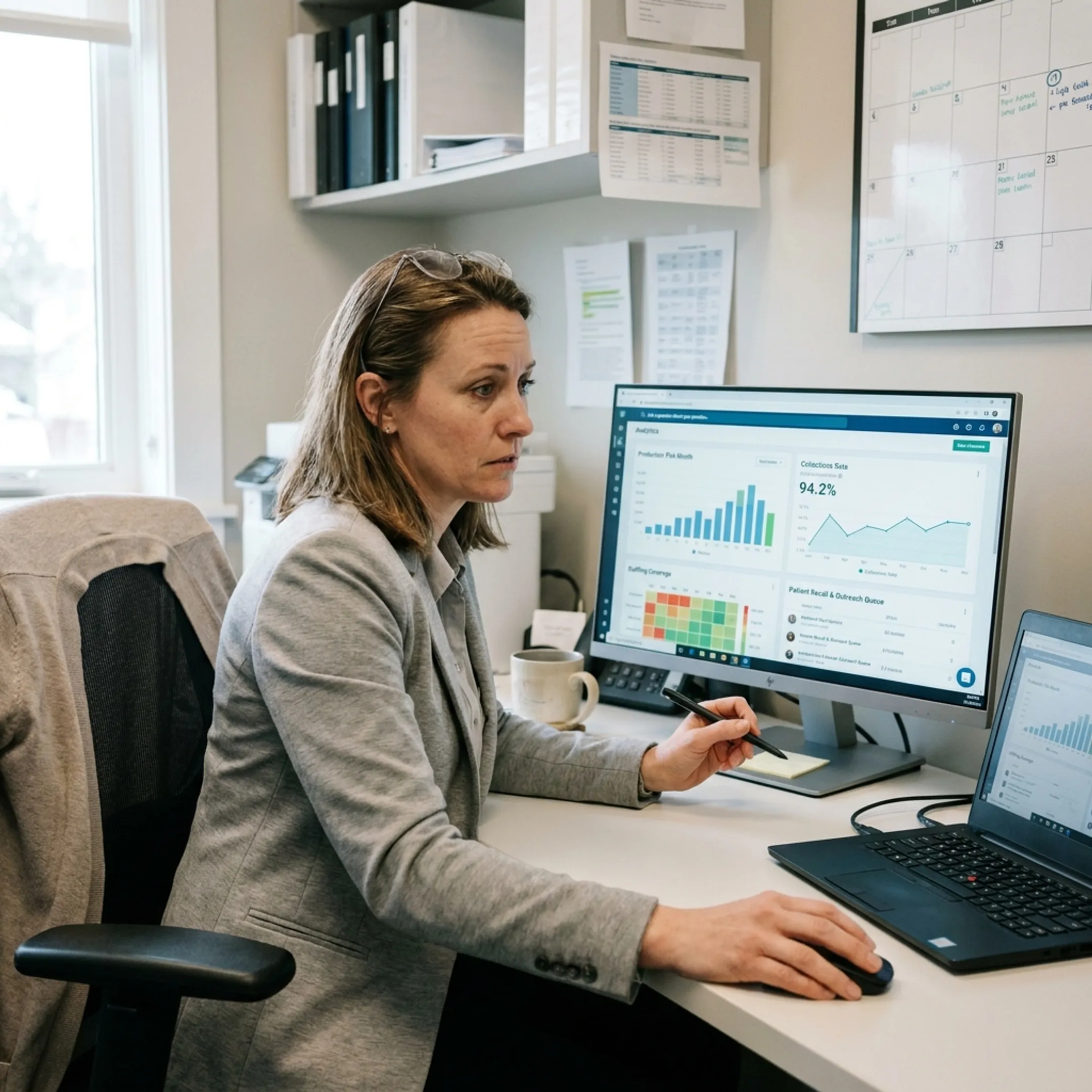 Dental operations leader viewing unified practice analytics and workflow insights