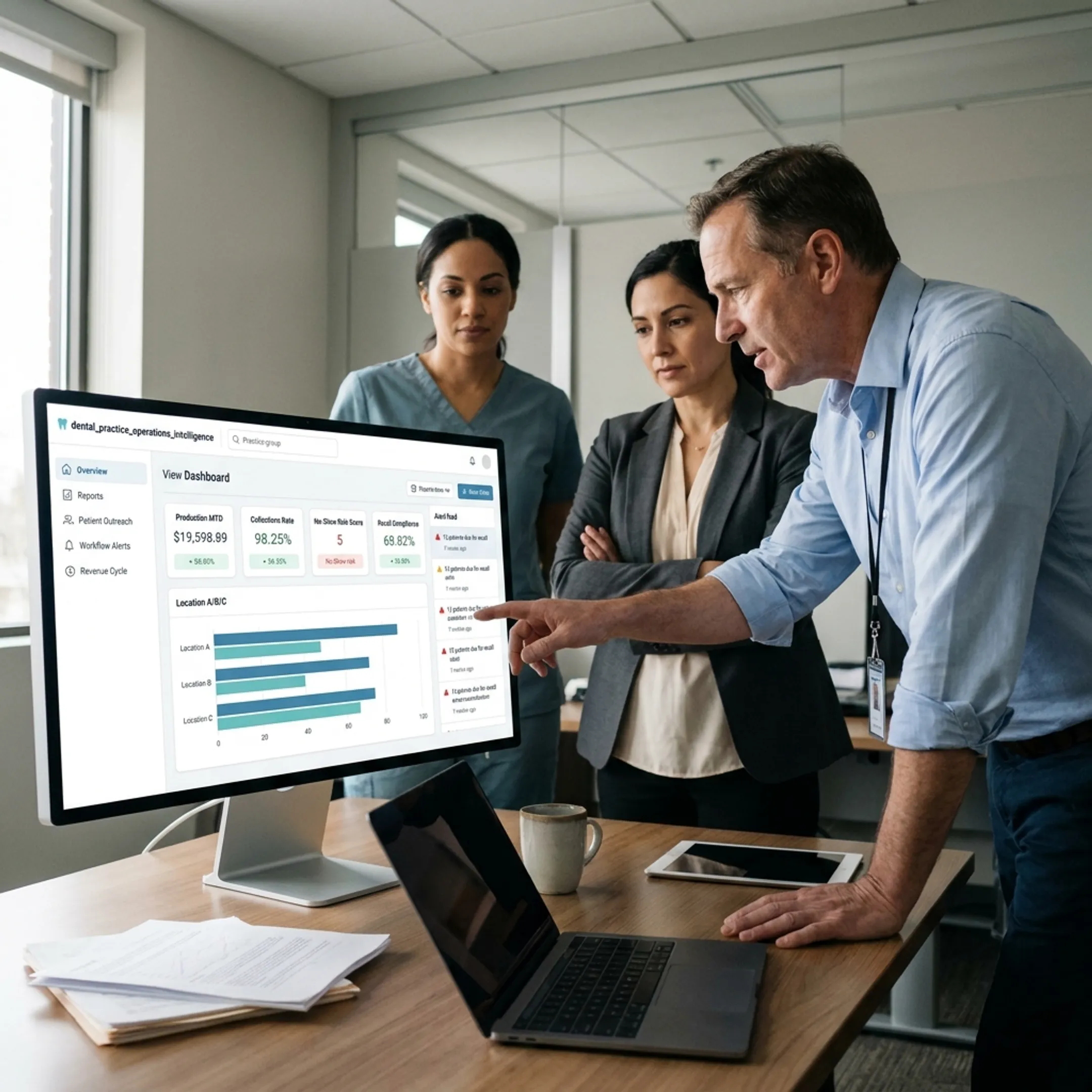 Dental team reviewing unified AI operations dashboard