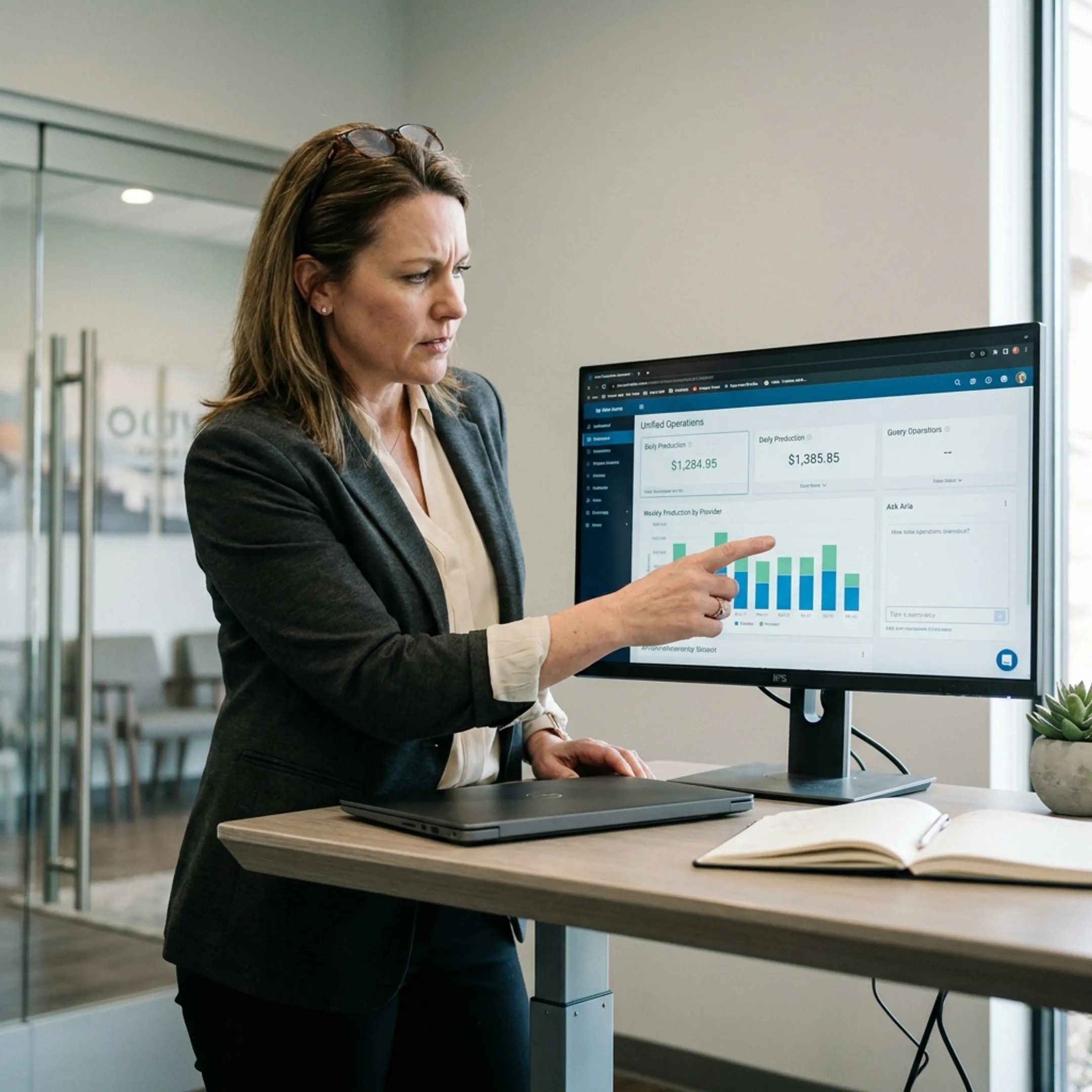 Dental practice manager viewing unified AI operations dashboard