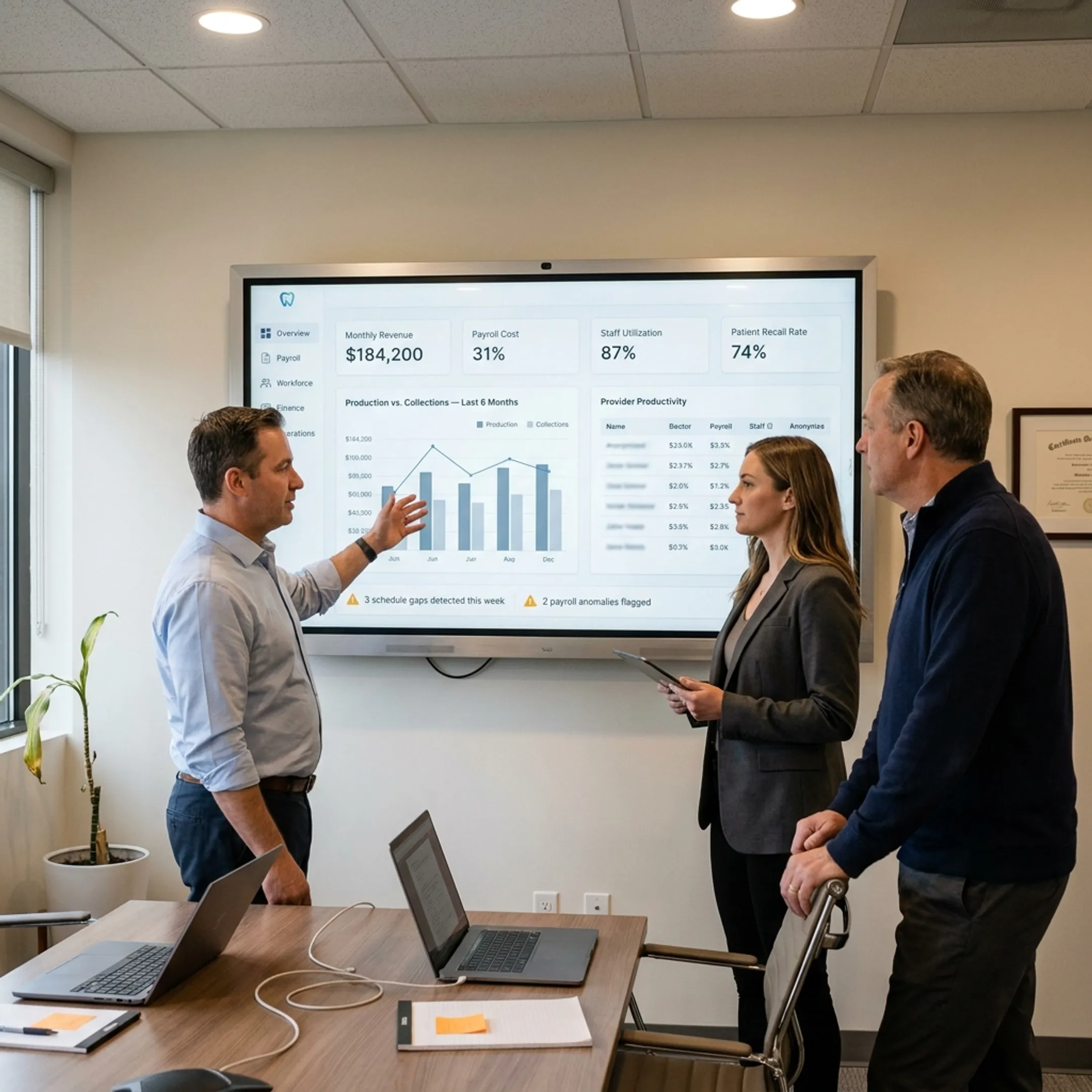 Dental leadership team using an integrated payroll and operations platform