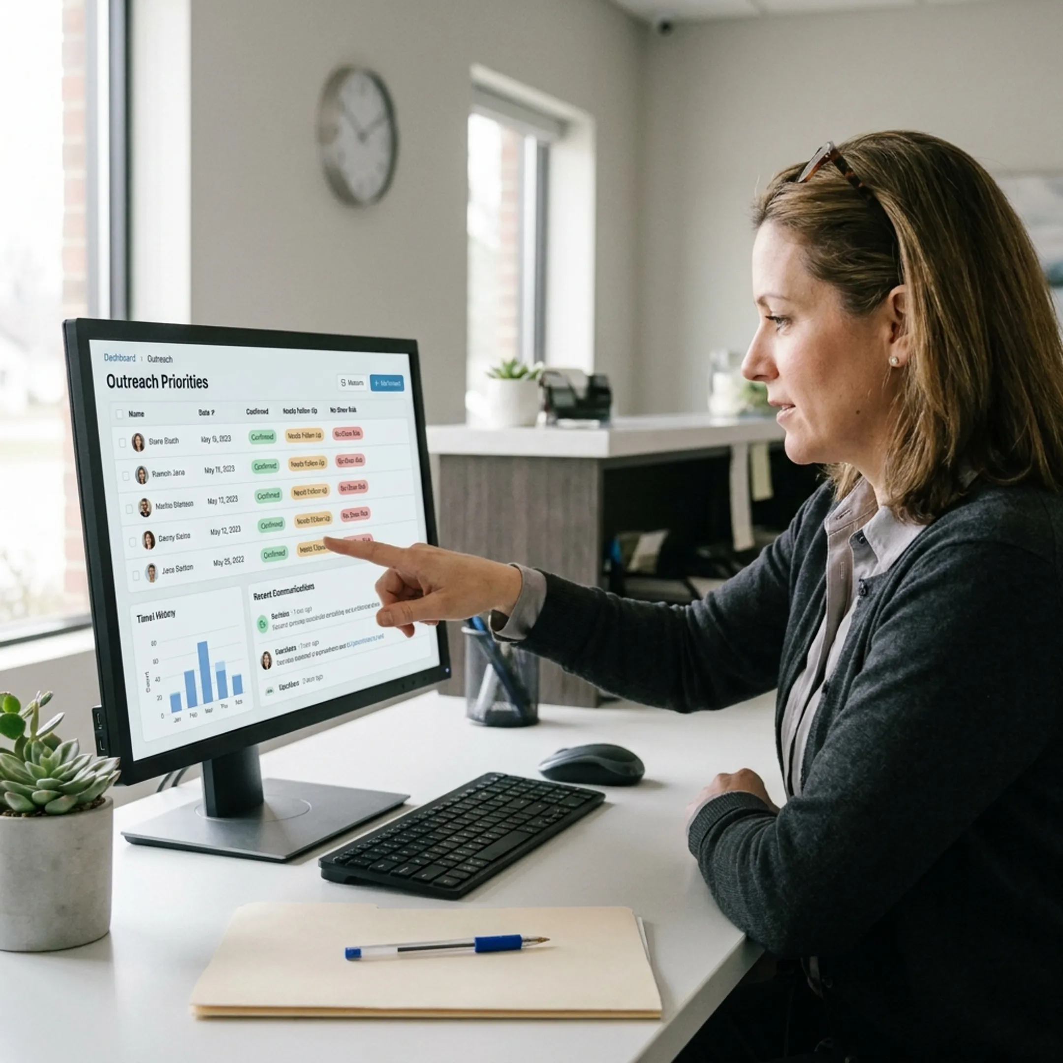 Dental administrator reviewing connected patient communication workflows