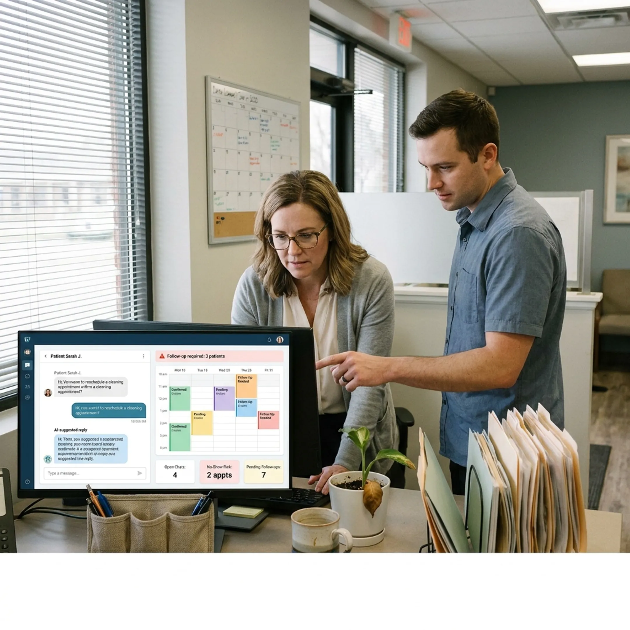 Patient using dental teledentistry chat while a practice team monitors connected conversations