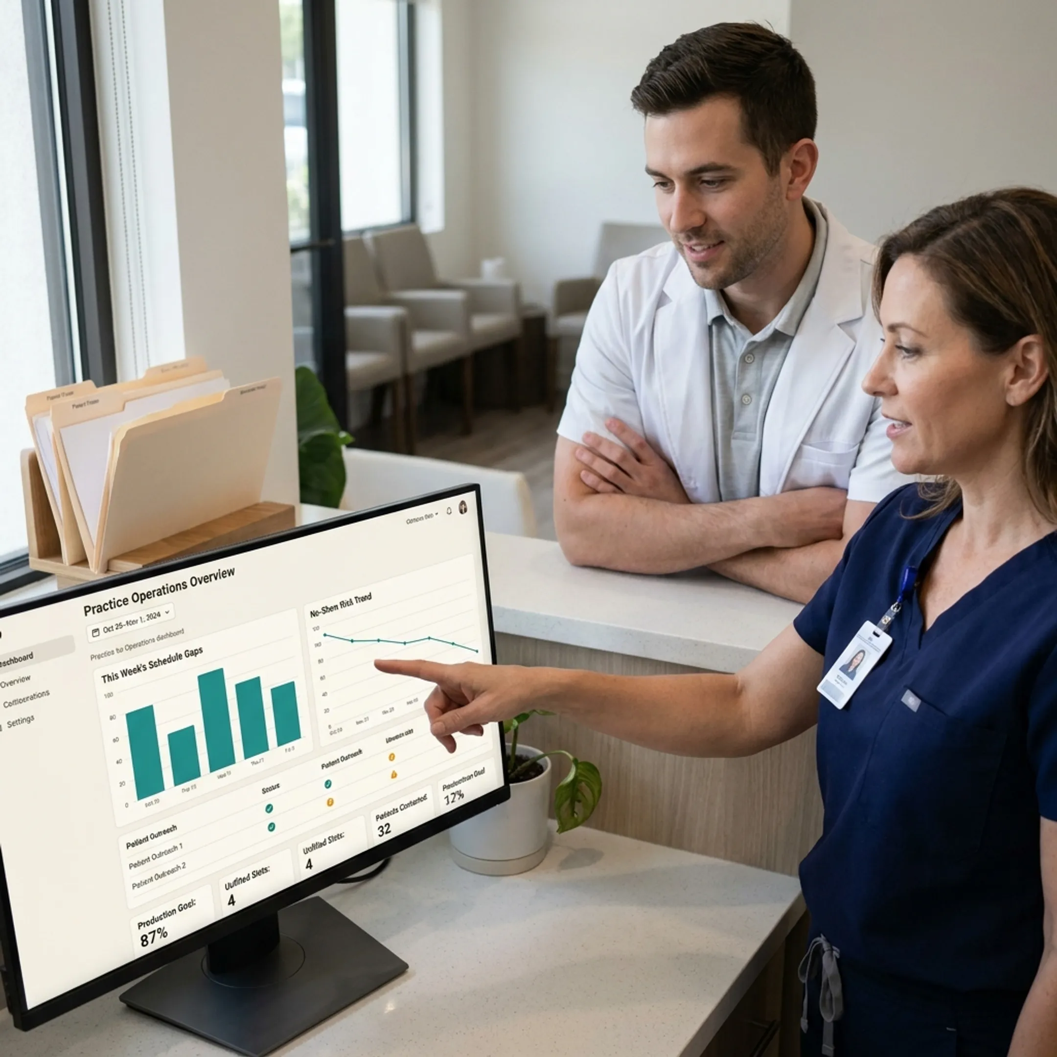 Dental team reviewing connected practice intelligence and patient communication tools