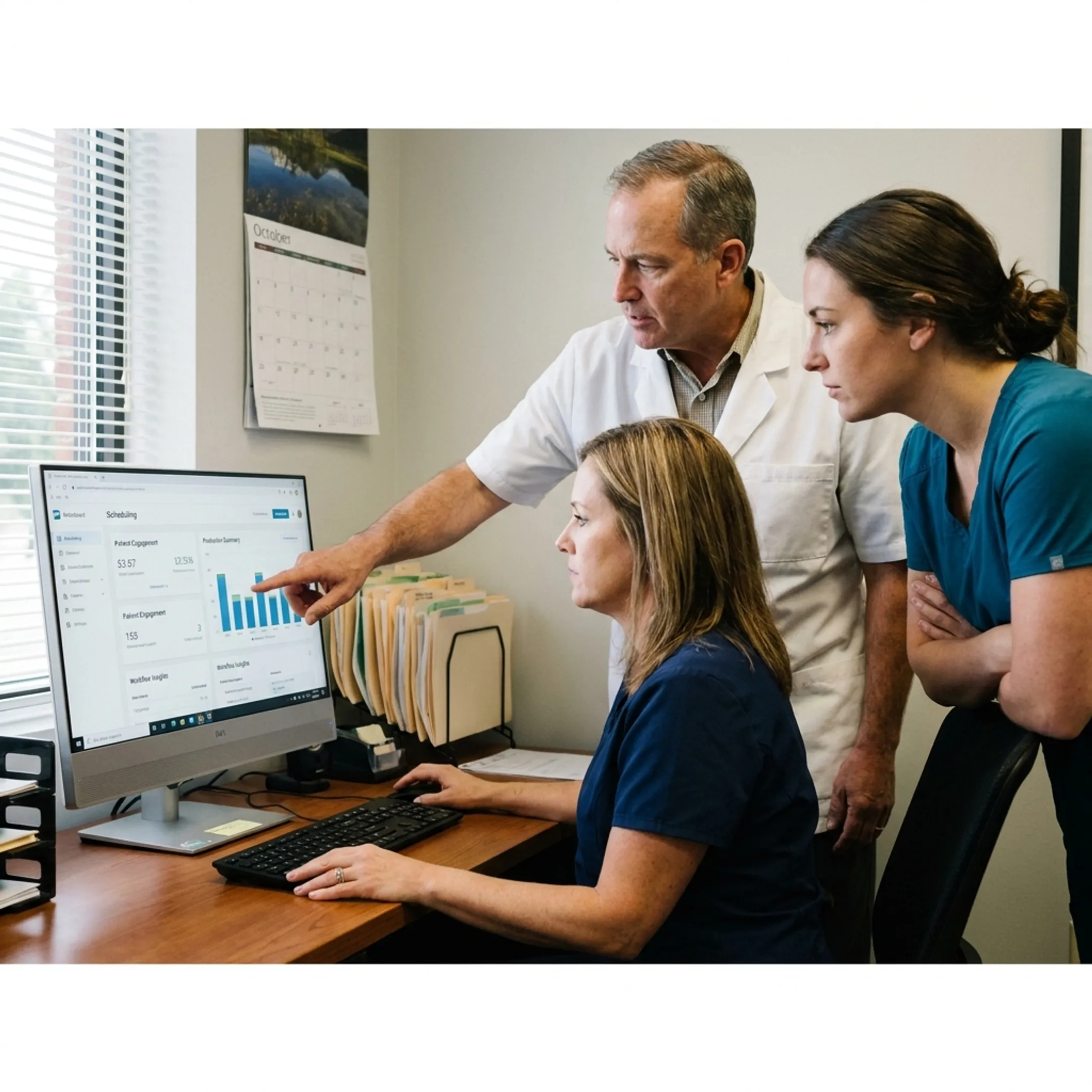 Dental team reviewing connected AI practice intelligence dashboard