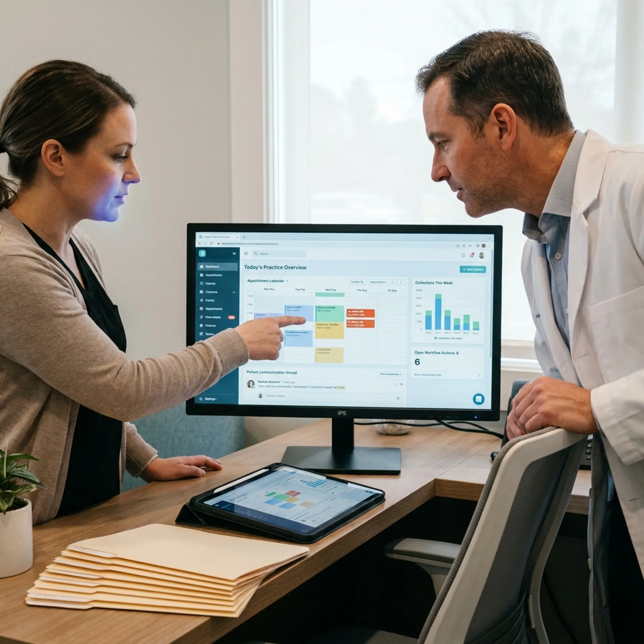 Dental team reviewing connected AI practice intelligence and patient communication tools