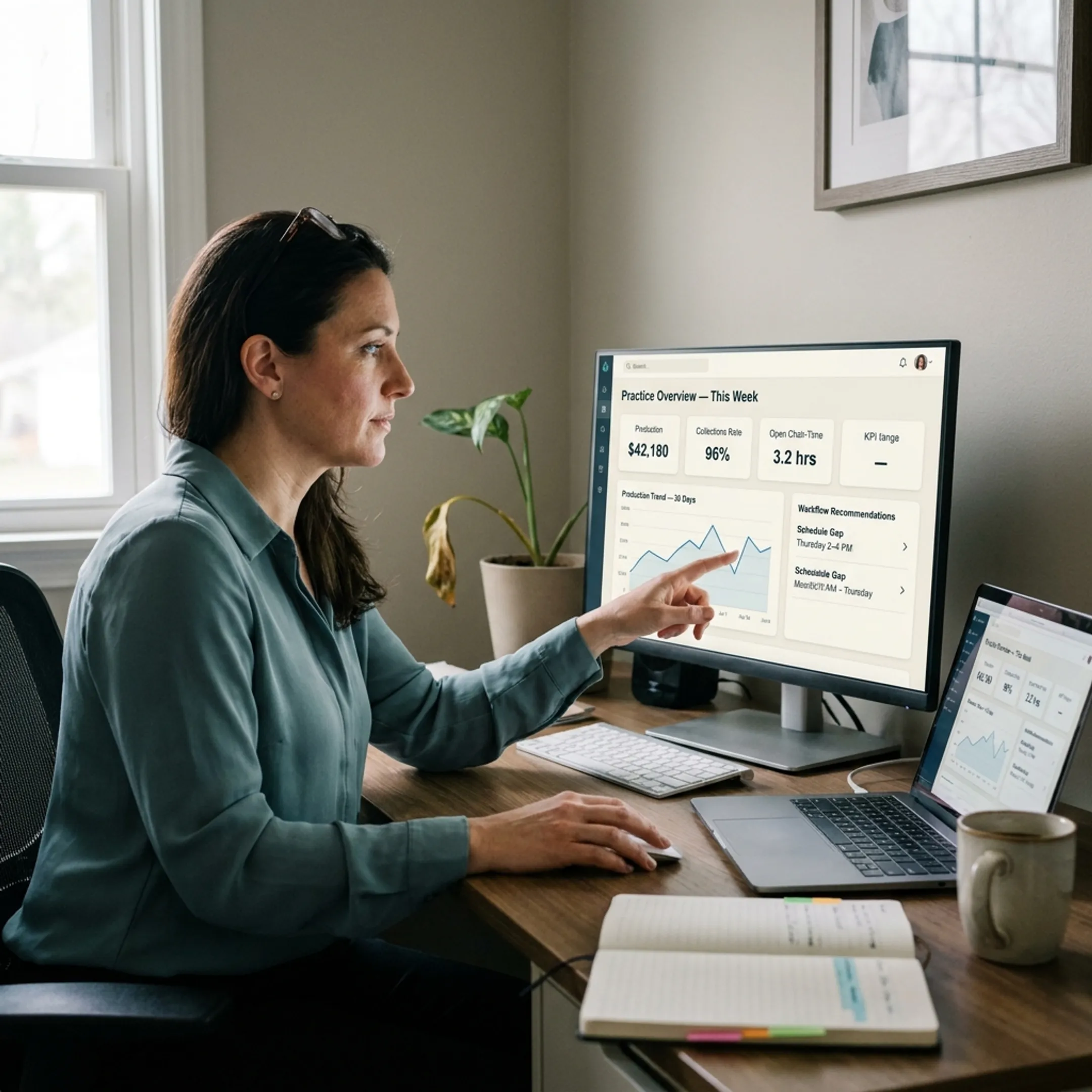 Dental operations manager viewing connected analytics and automated reports