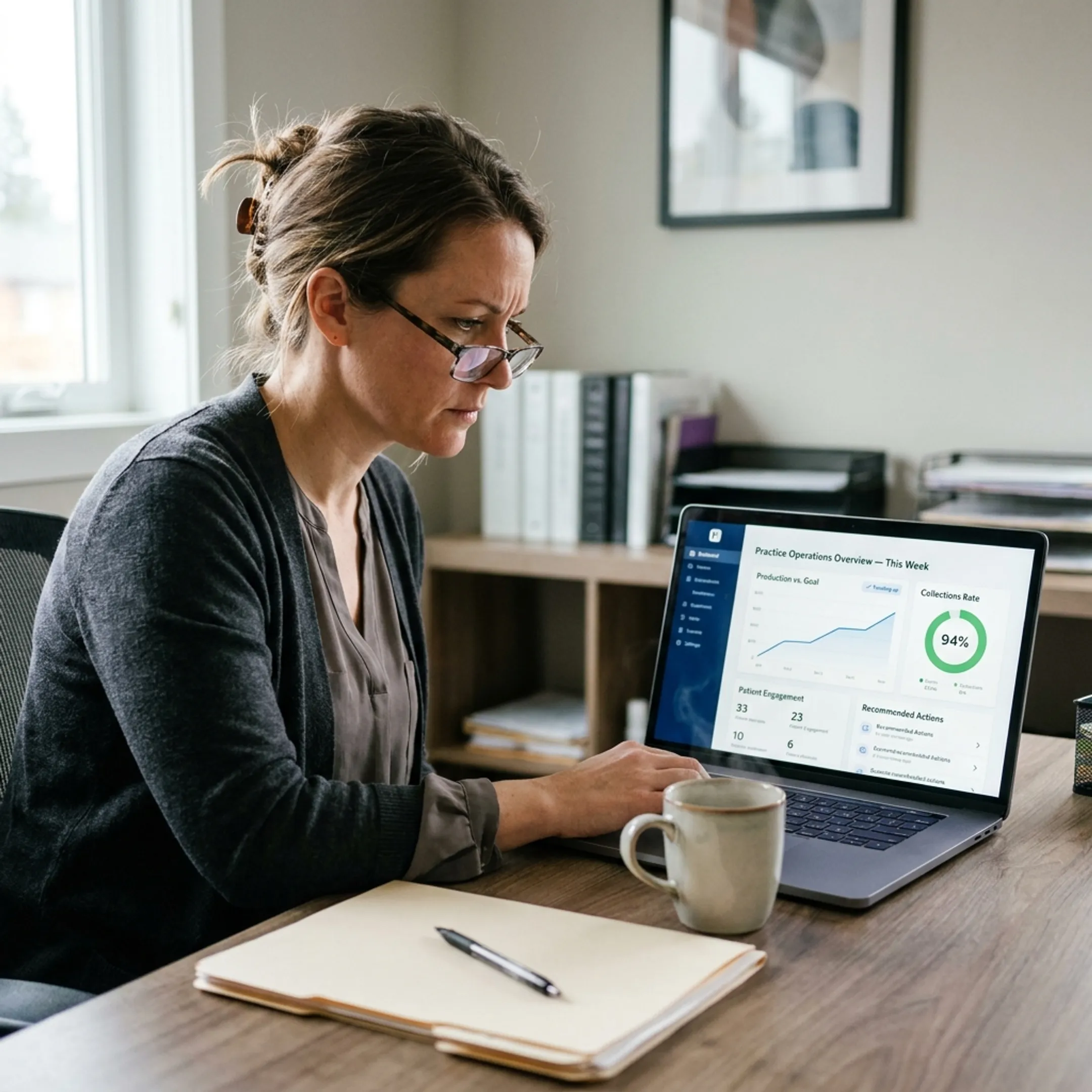 Dental operations manager viewing connected practice analytics and workflow recommendations