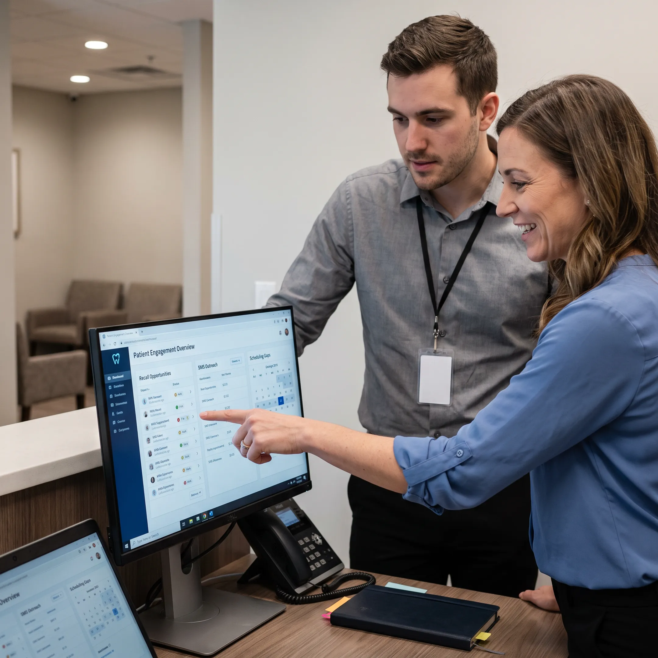 Dental practice team managing connected SMS patient outreach
