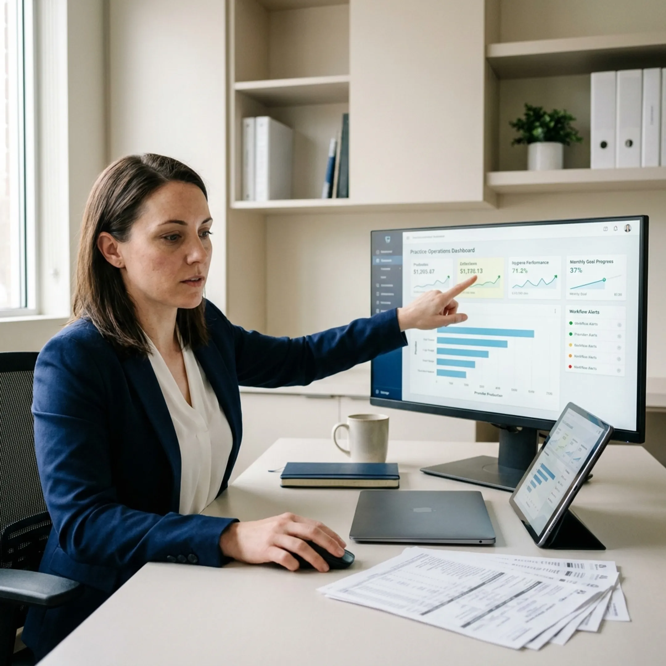 Dental operations manager viewing connected practice dashboard insights