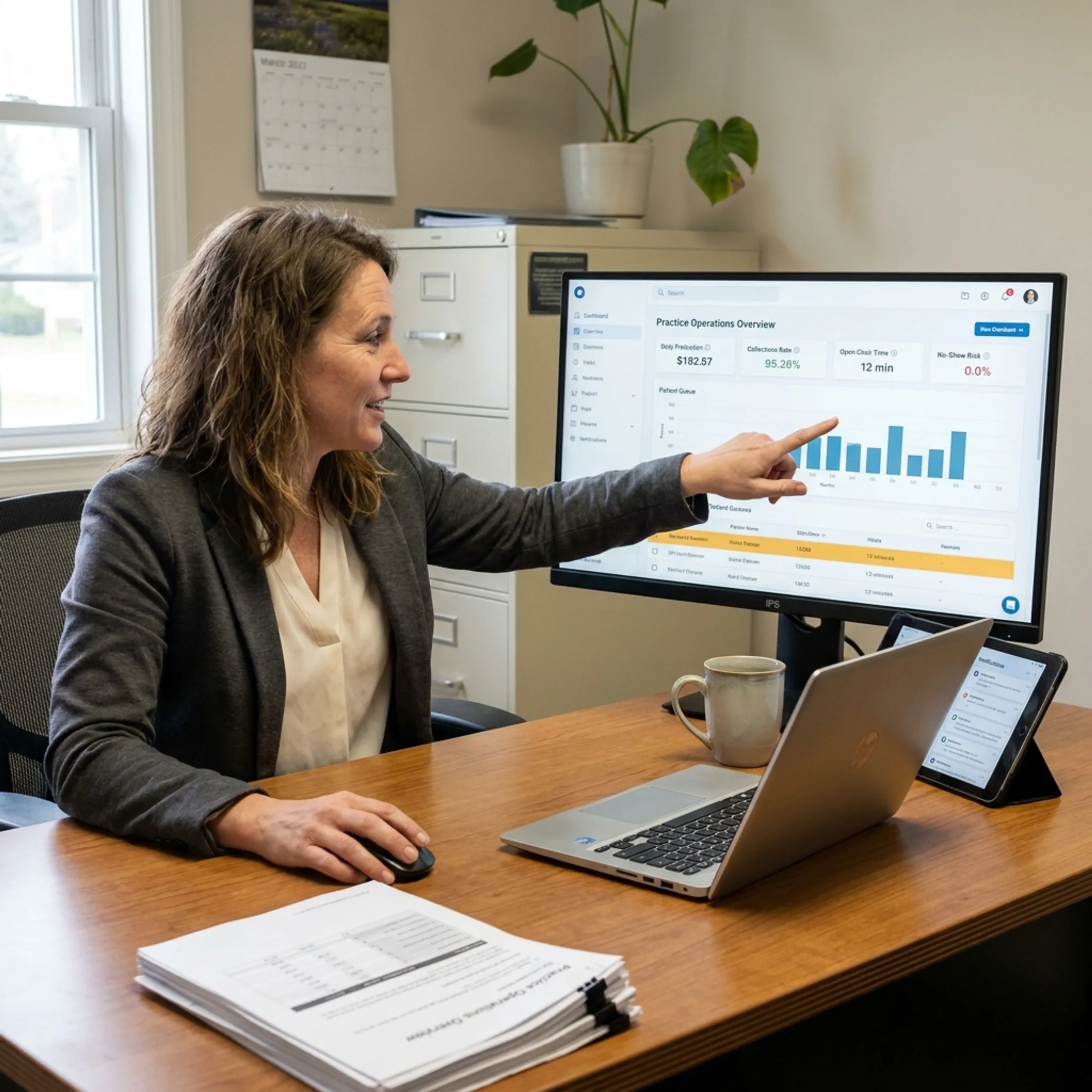 Dental operations manager viewing connected practice systems and workflow insights