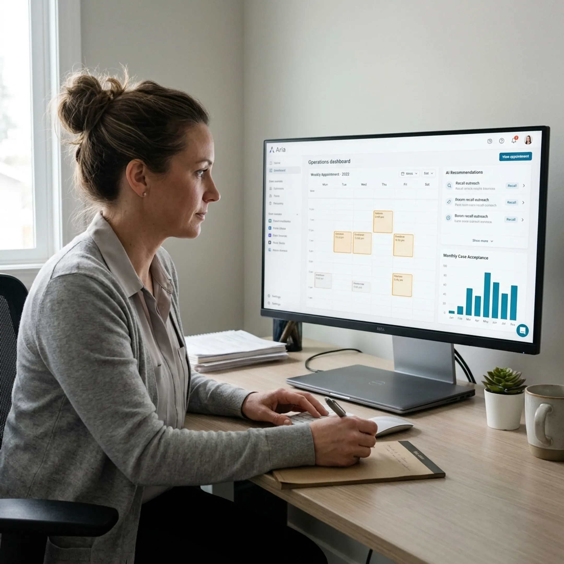 Dental operations dashboard showing connected systems, patient outreach, scheduling opportunities, and actionable AI recommendations