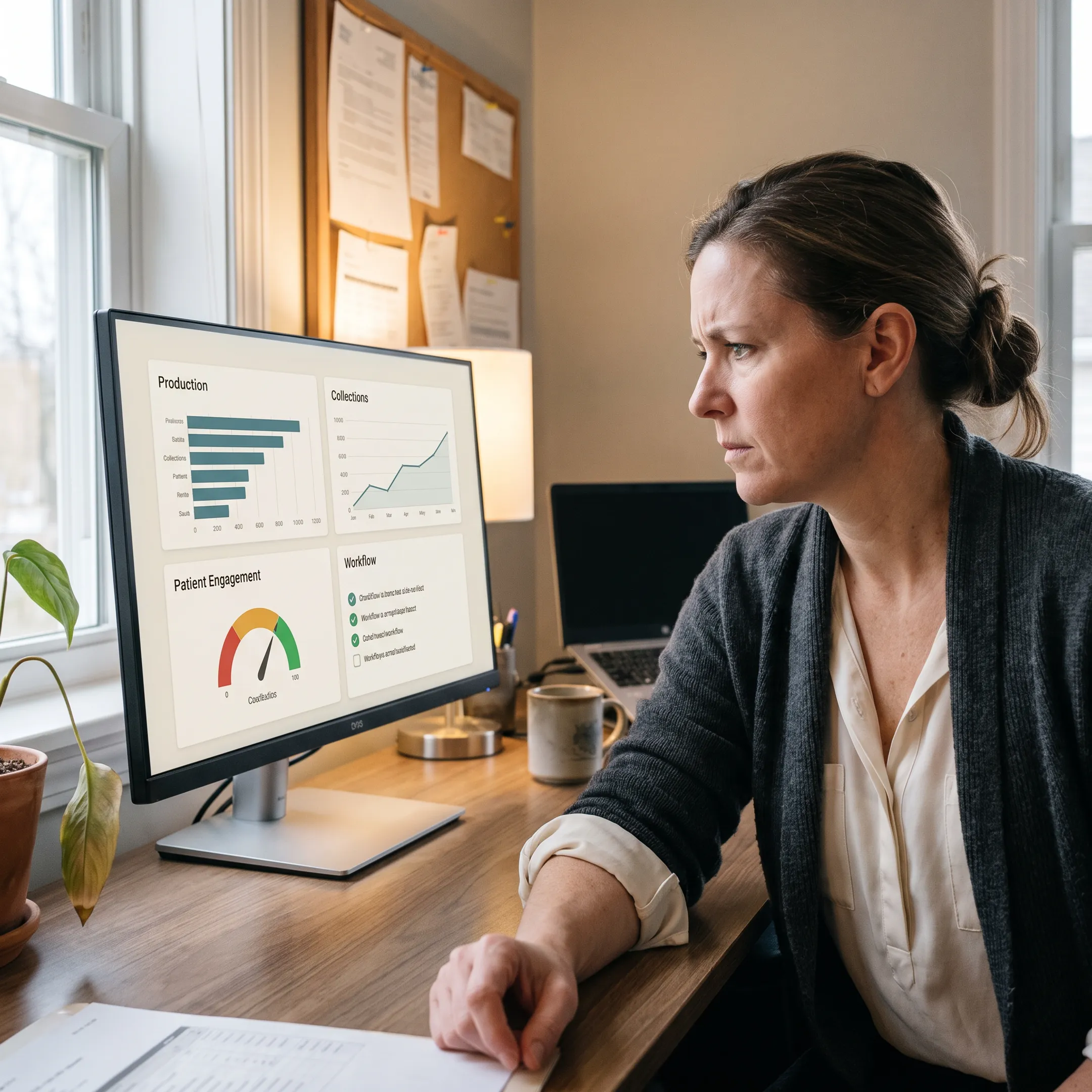 Dental operations manager viewing connected practice analytics and workflow insights