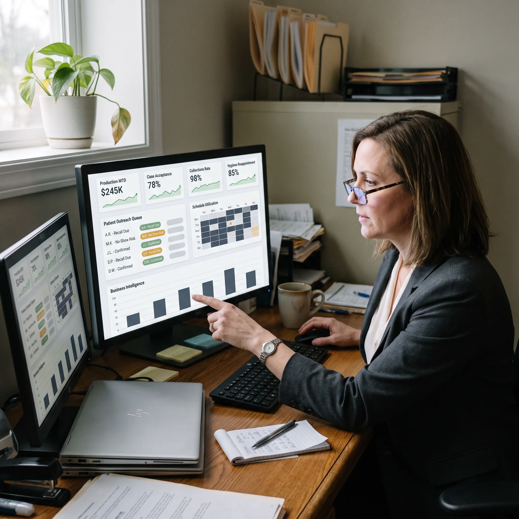 Dental operations leader viewing unified business and patient data