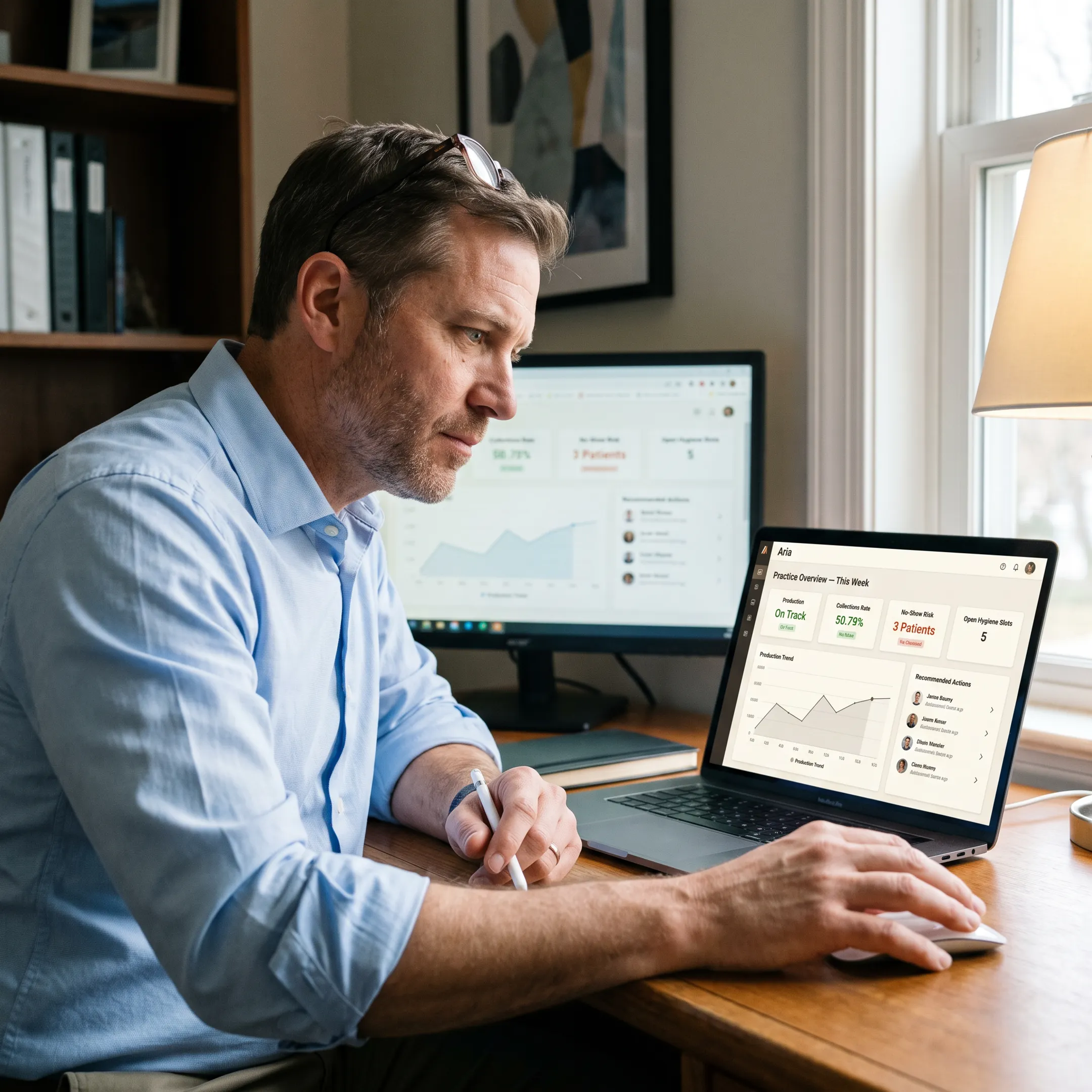 Dental practice leader viewing connected analytics and workflow insights