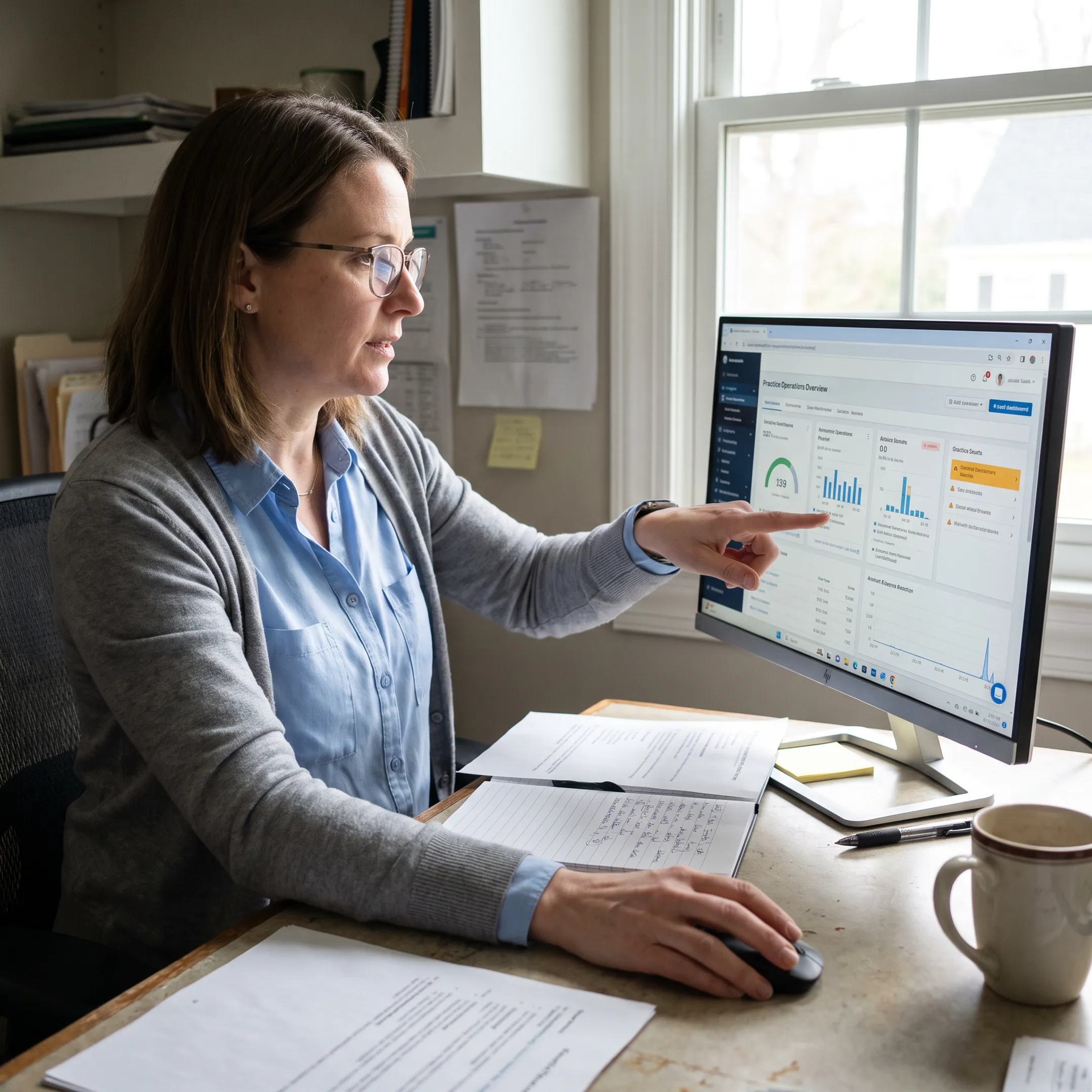Dental operations manager viewing connected practice analytics