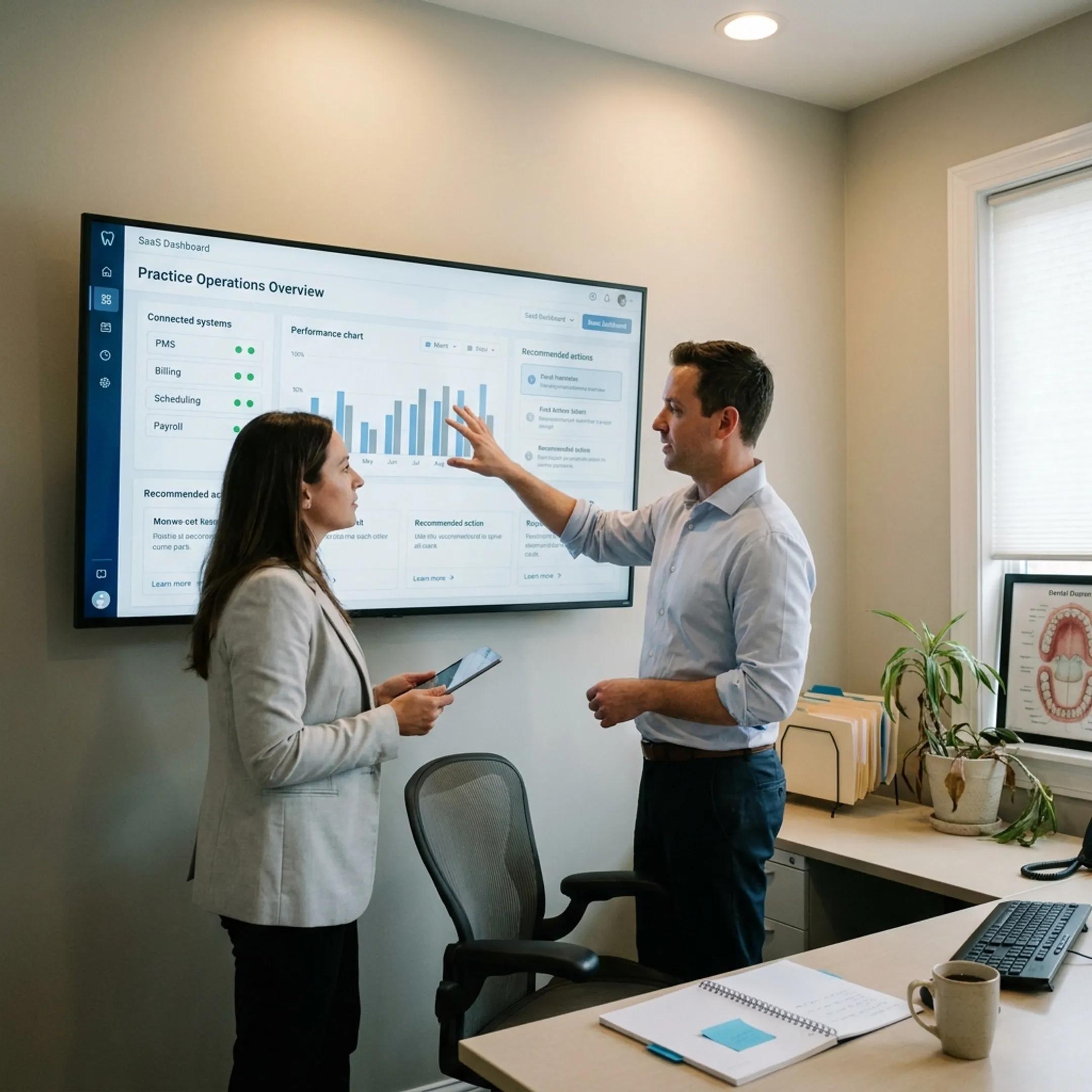 Dental operations team reviewing connected performance insights and practice benchmarks