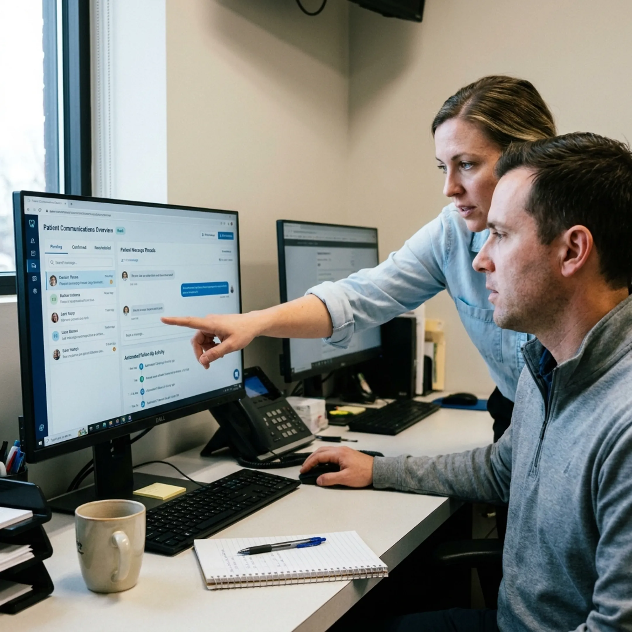 Dental team reviewing connected patient communication and scheduling activity