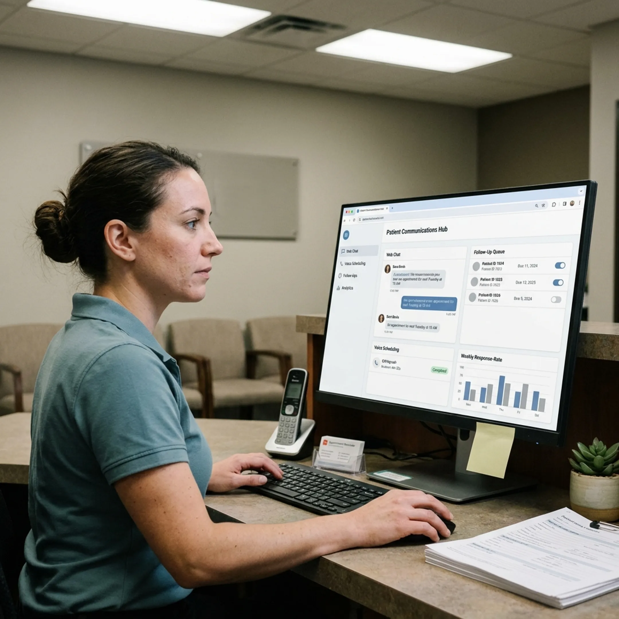 Dental receptionist reviewing connected AI patient communication tools