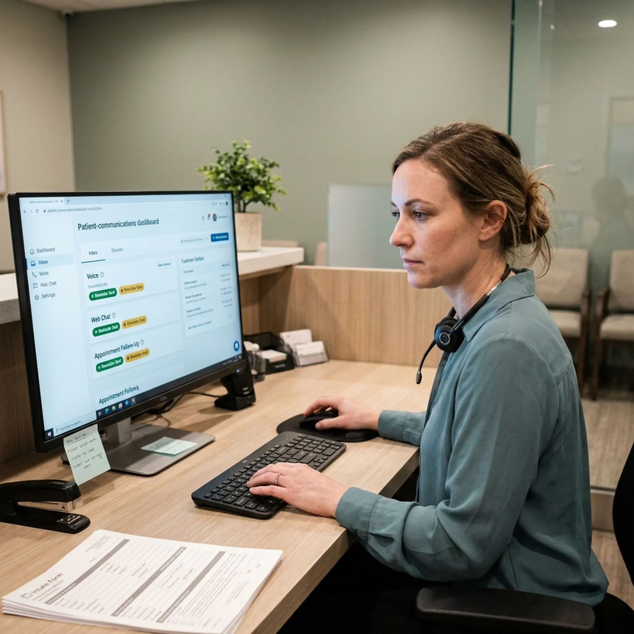 Dental staff managing connected patient conversations across multiple communication channels